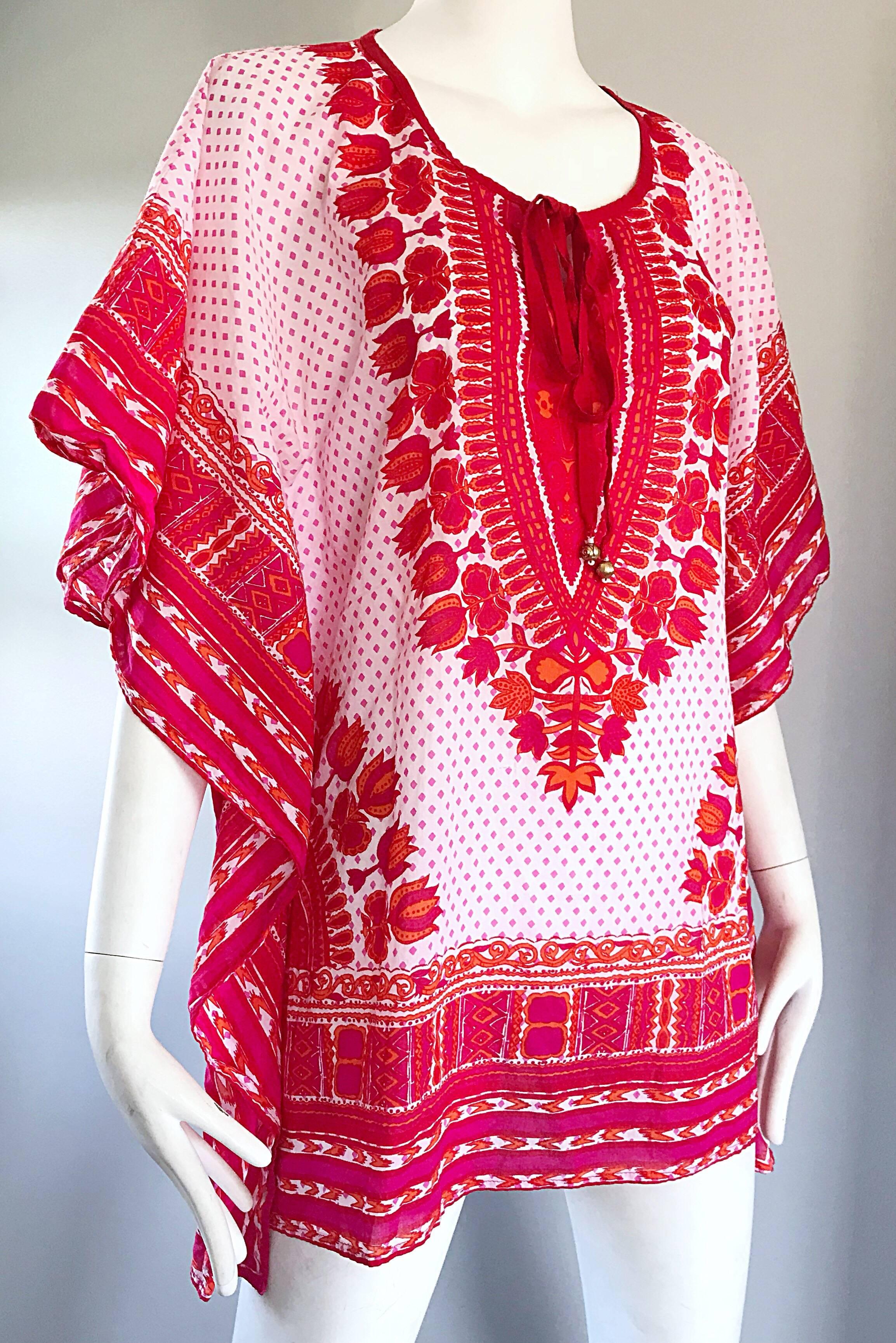 Women's 1970s Biba Hot Pink + Orange + Red Boho Ethnic Cotton Caftan Vintage Tunic Top