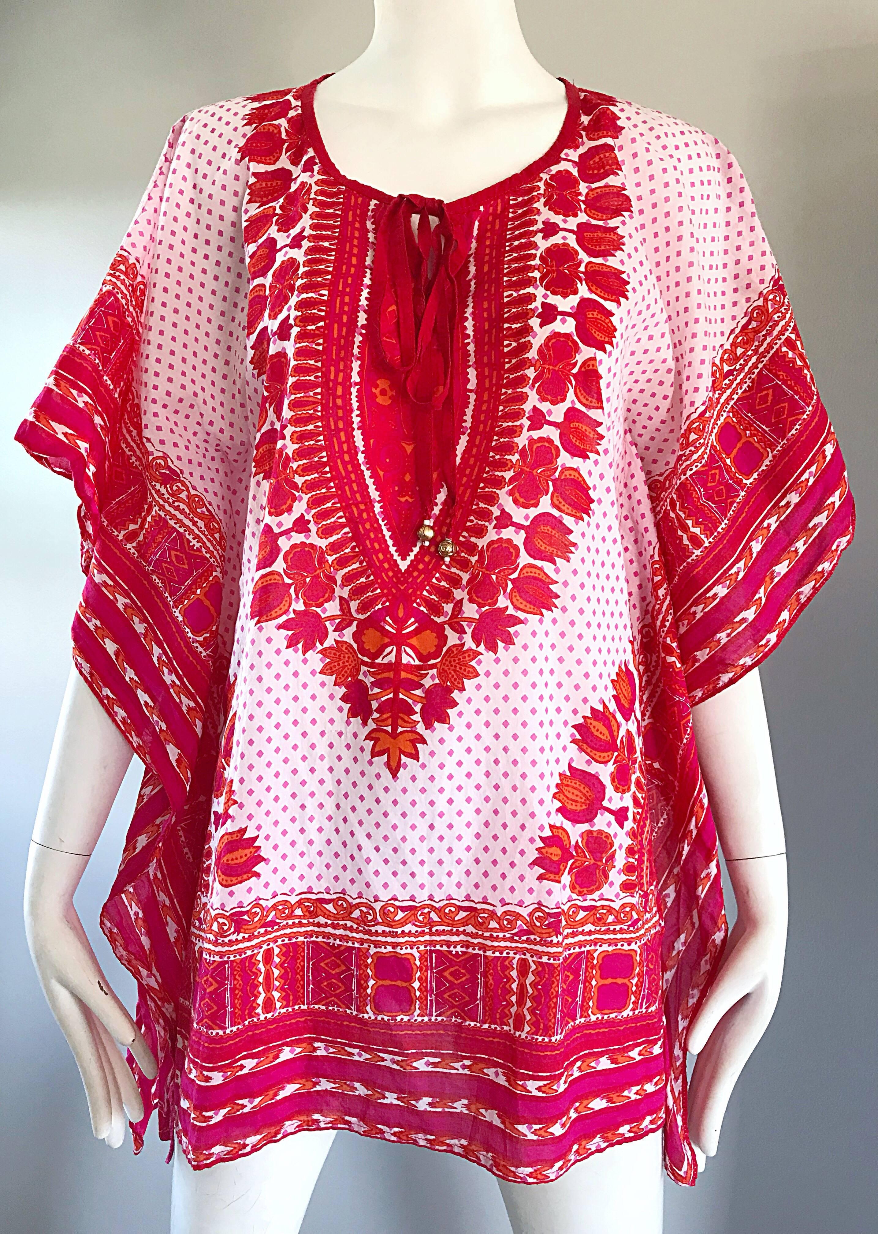 1970s Biba Hot Pink + Orange + Red Boho Ethnic Cotton Caftan Vintage Tunic Top 1