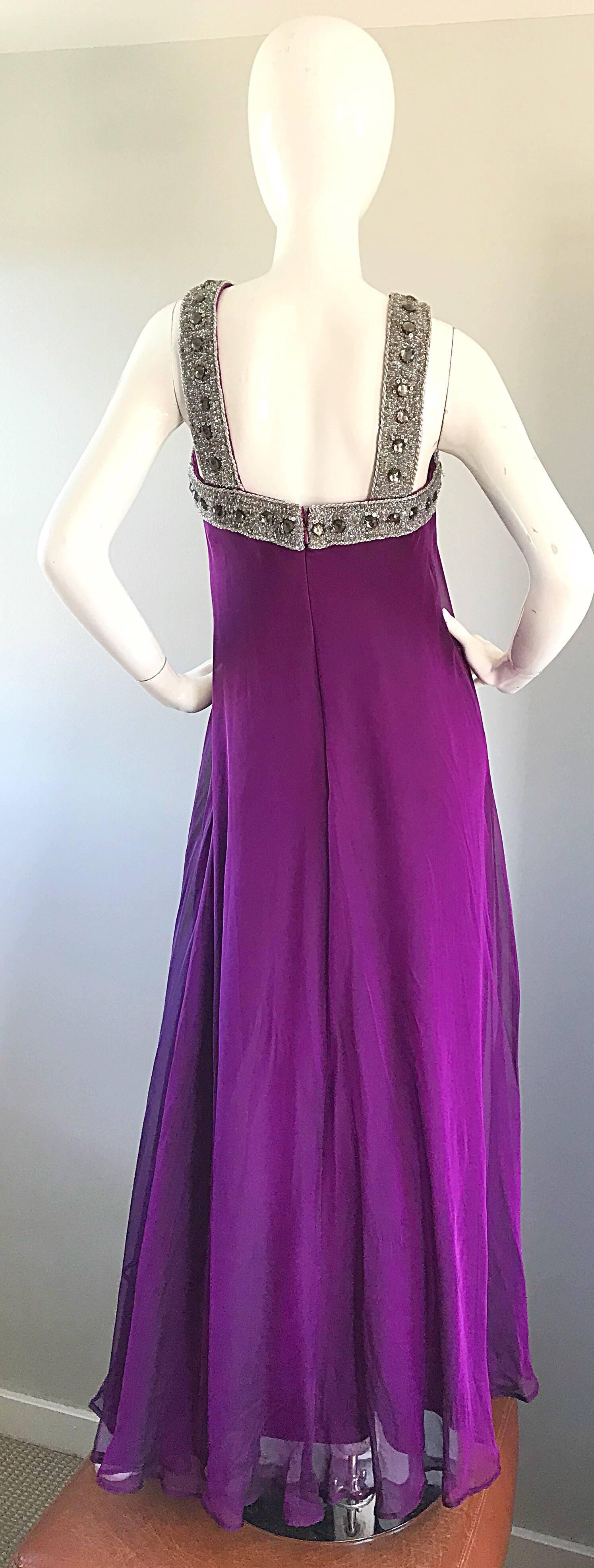 1990s Badgley Mischka Sz 4 6 Purple Silk Chiffon Rhinestone Vintage Grecian Gown In Excellent Condition In San Diego, CA