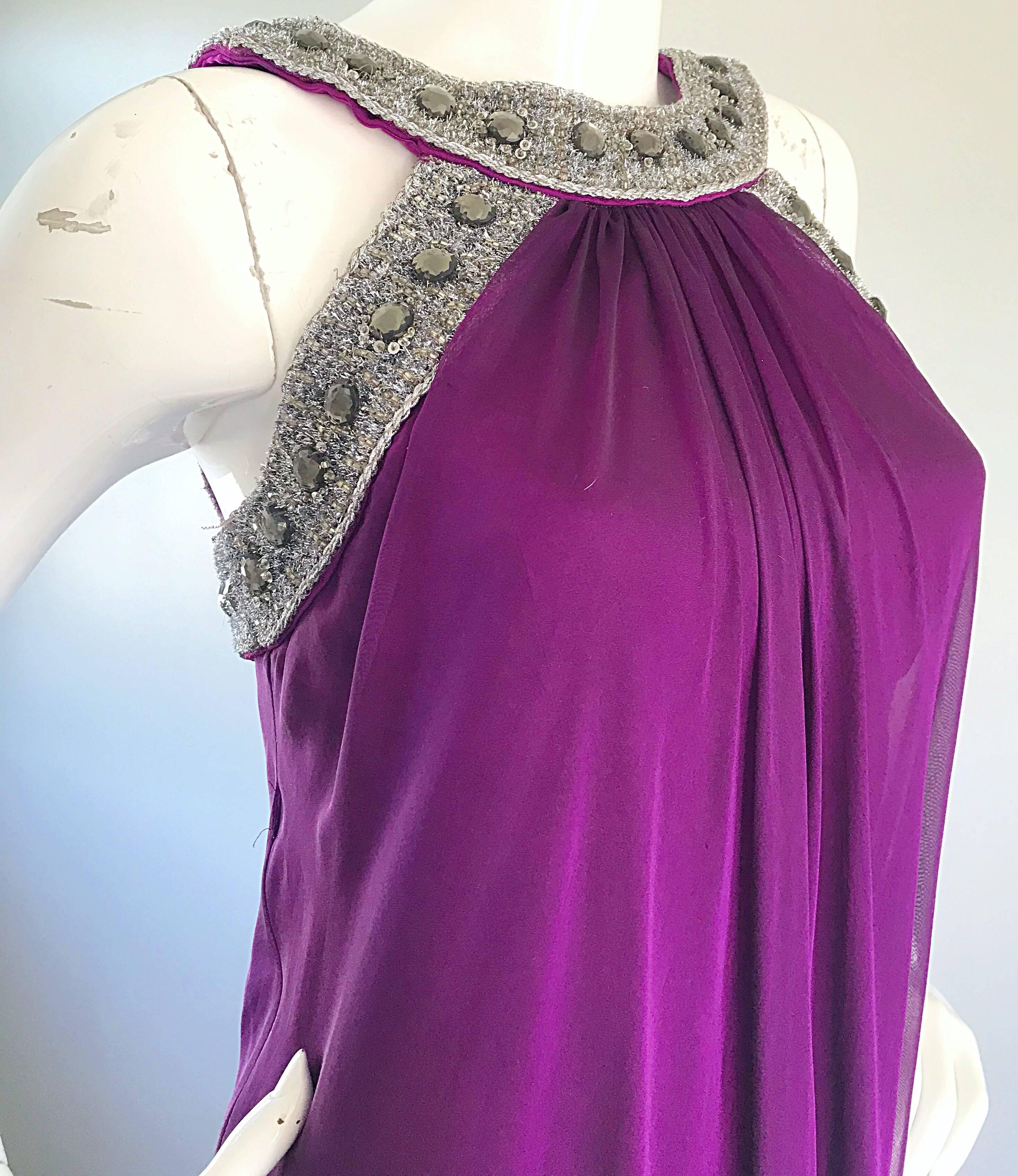 Women's 1990s Badgley Mischka Sz 4 6 Purple Silk Chiffon Rhinestone Vintage Grecian Gown