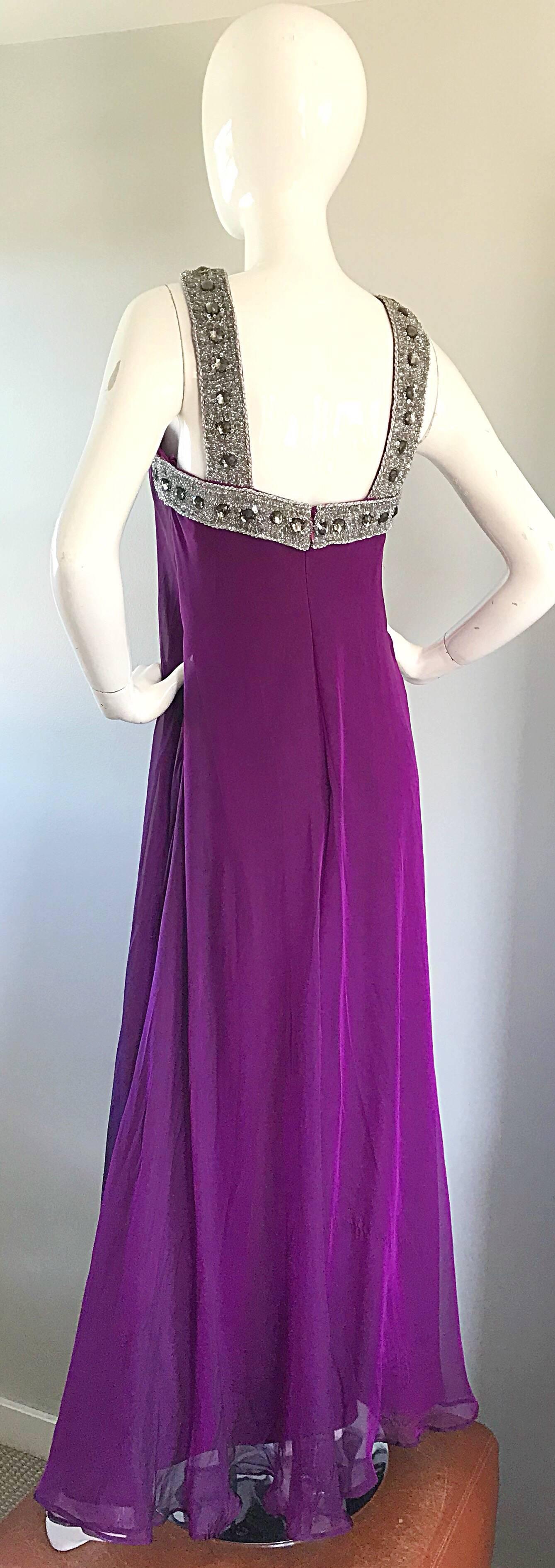 1990s Badgley Mischka Sz 4 6 Purple Silk Chiffon Rhinestone Vintage Grecian Gown 1