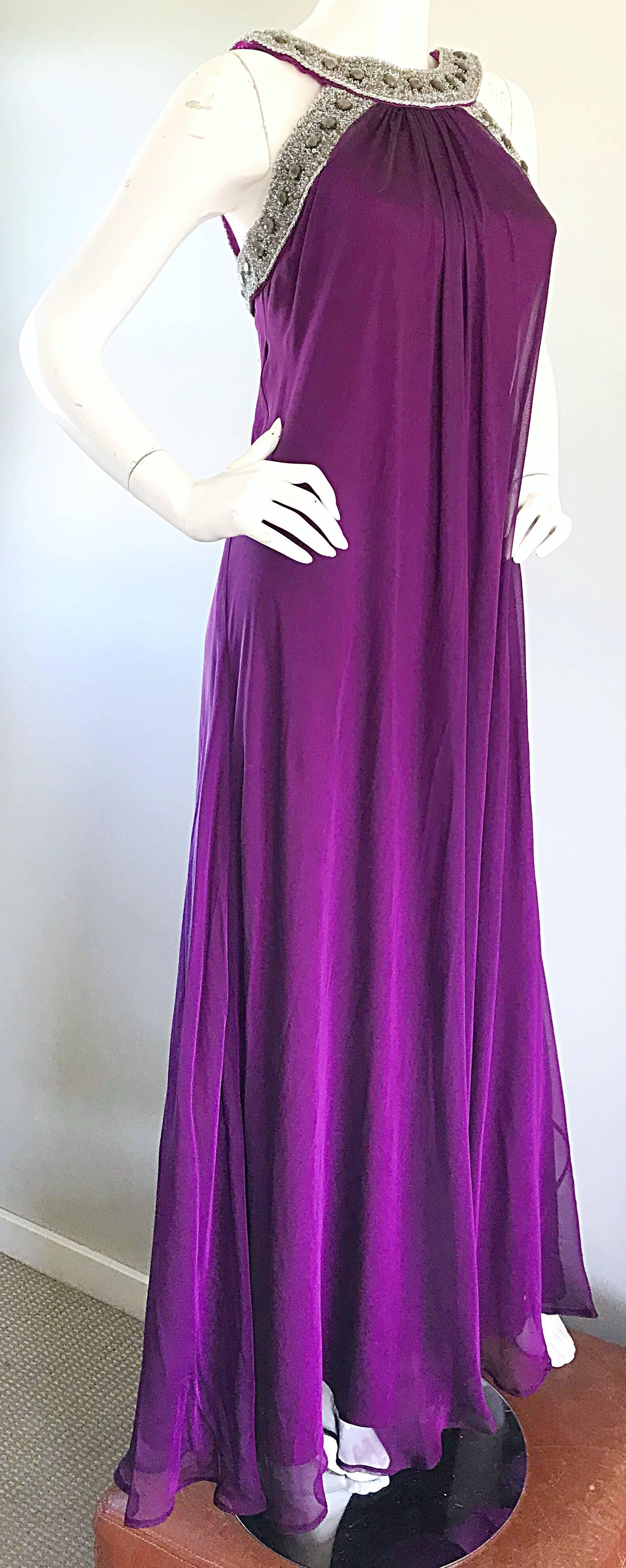 1990s Badgley Mischka Sz 4 6 Purple Silk Chiffon Rhinestone Vintage Grecian Gown 2