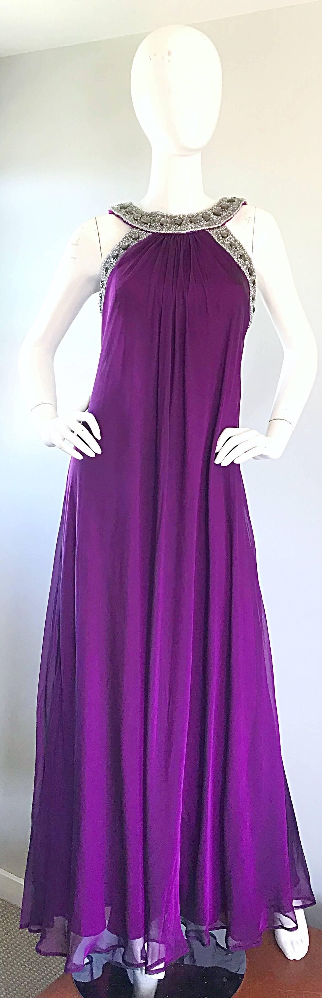 1990s Badgley Mischka Sz 4 6 Purple Silk Chiffon Rhinestone Vintage Grecian Gown 3