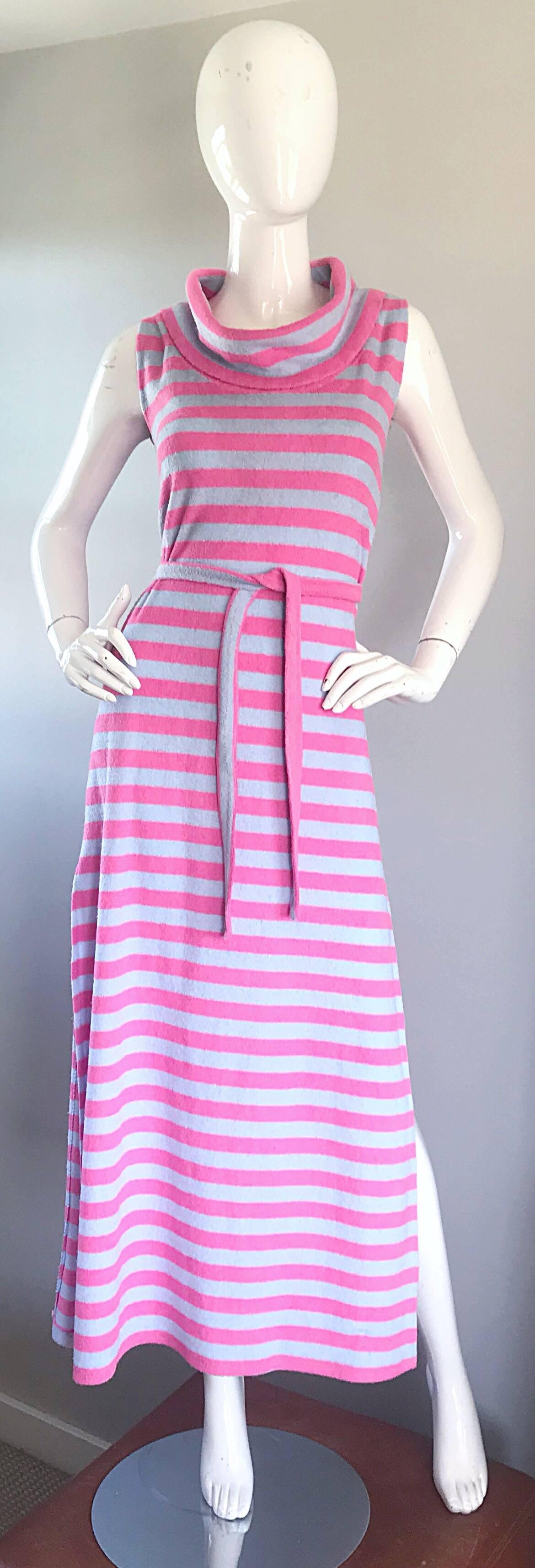 Chic 70s PIERRE CARDIN hot pink and light blue cowl neck belted striped terry cloth maxi dress! Features a matching detachable sash belt. Simply slips over the head, and stretches to fit. Stylish cowl neck adds just the right amount of drama to this