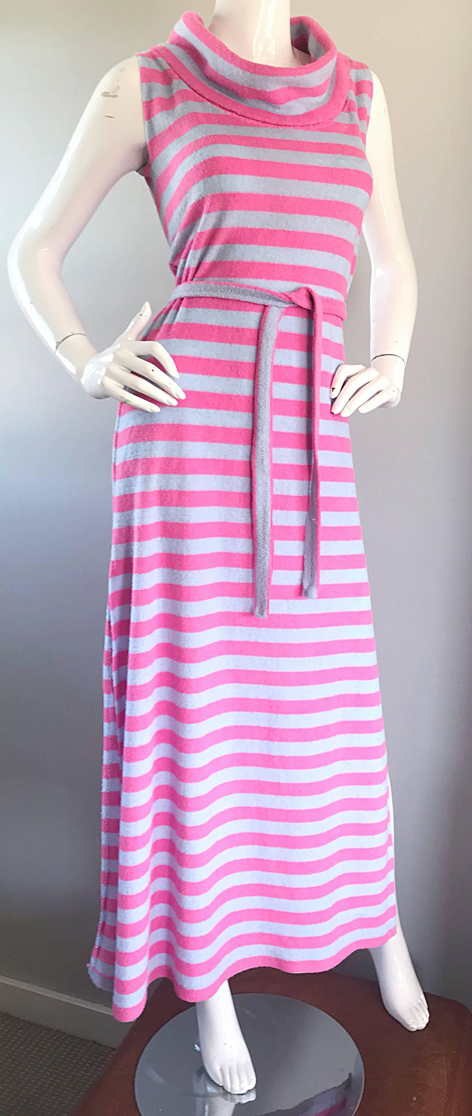pink and blue striped maxi dress