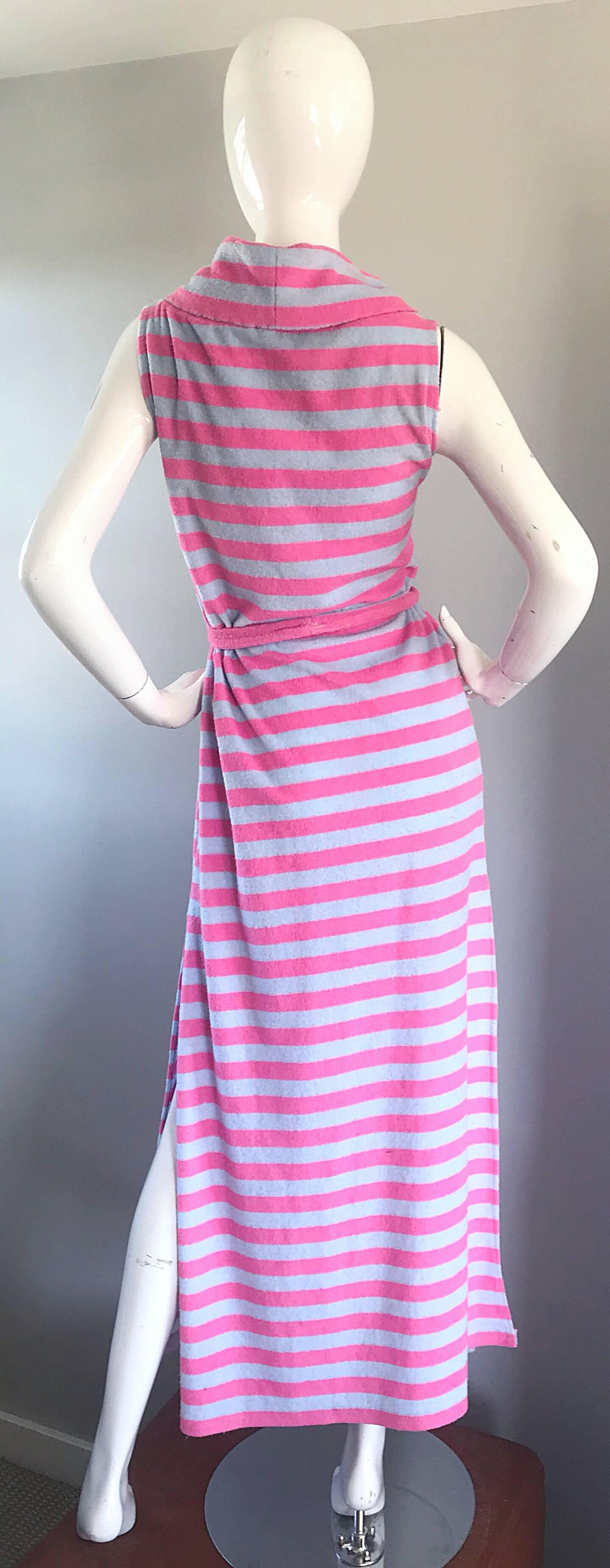 Purple 1970s Pierre Cardin Hot Pink Blue Striped Terry Cloth Belted Vintage Maxi Dress