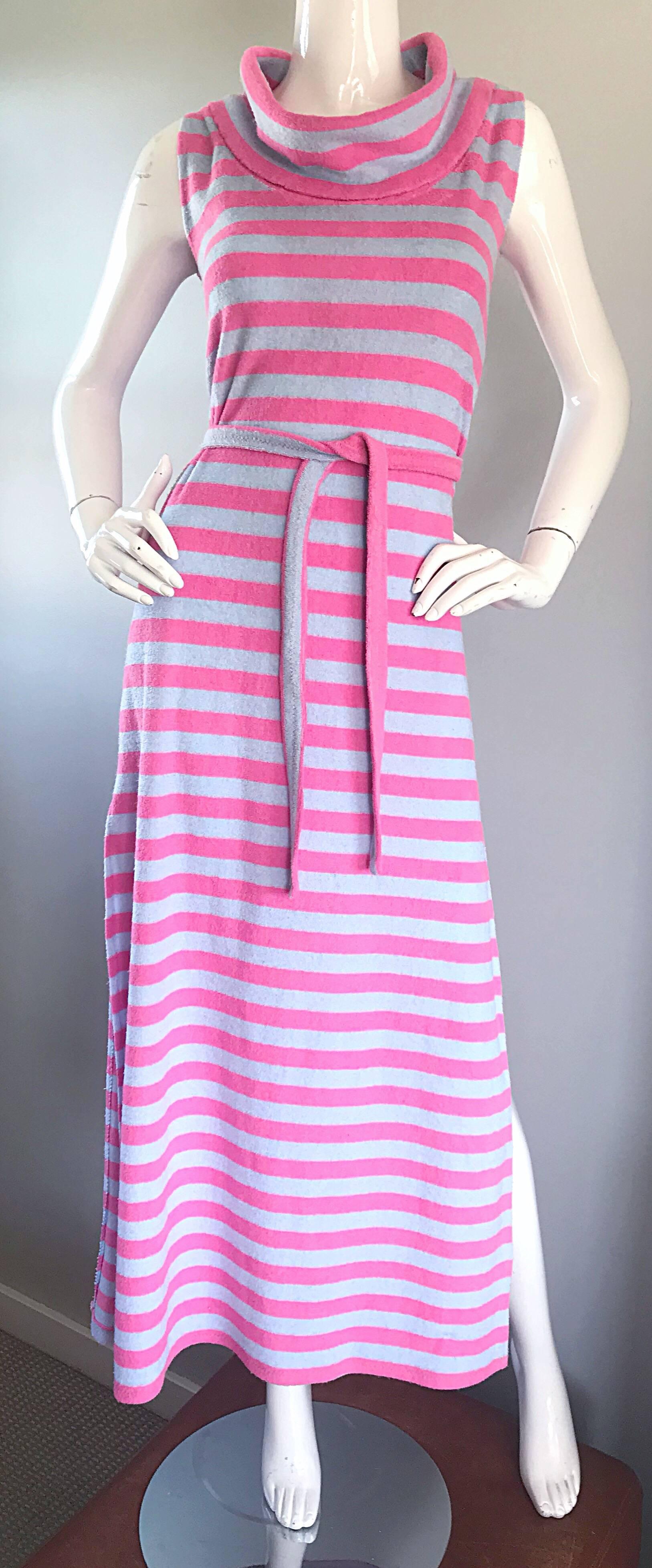 1970s Pierre Cardin Hot Pink Blue Striped Terry Cloth Belted Vintage Maxi Dress In Excellent Condition In San Diego, CA