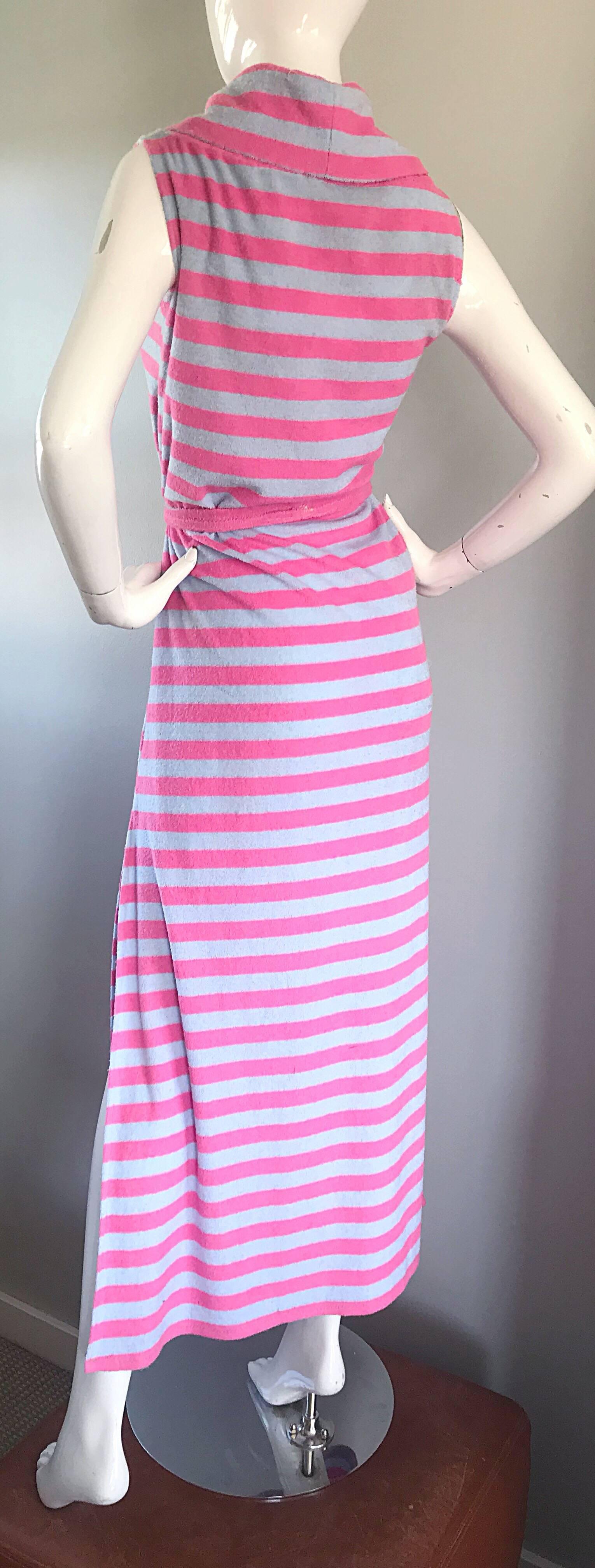 Women's 1970s Pierre Cardin Hot Pink Blue Striped Terry Cloth Belted Vintage Maxi Dress