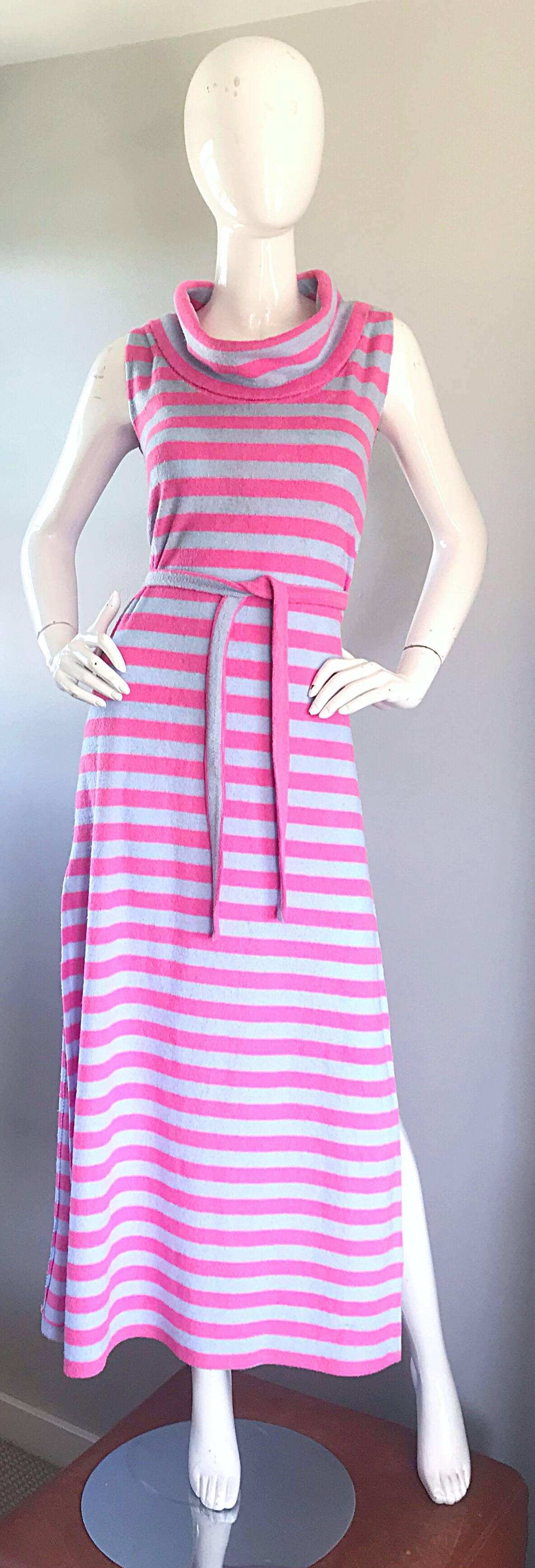 1970s Pierre Cardin Hot Pink Blue Striped Terry Cloth Belted Vintage Maxi Dress 1