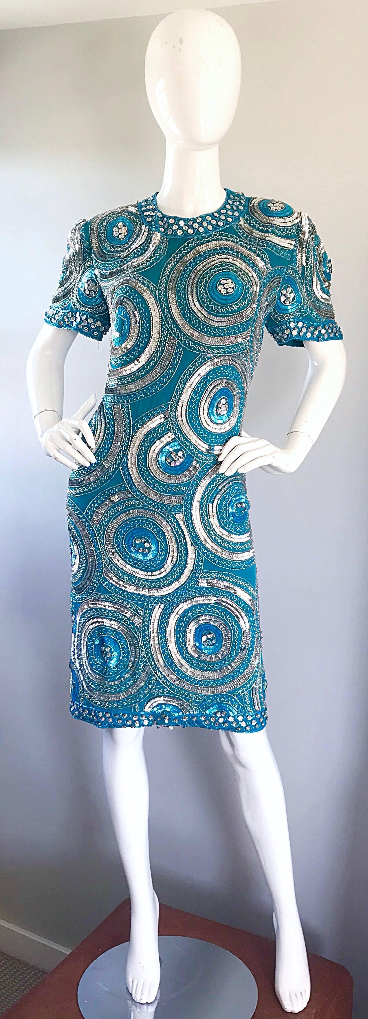 Size 10 / 12 Vintage 1990s Turquoise Blue + Silver Sequined Open Back 90s Dress In Excellent Condition In San Diego, CA