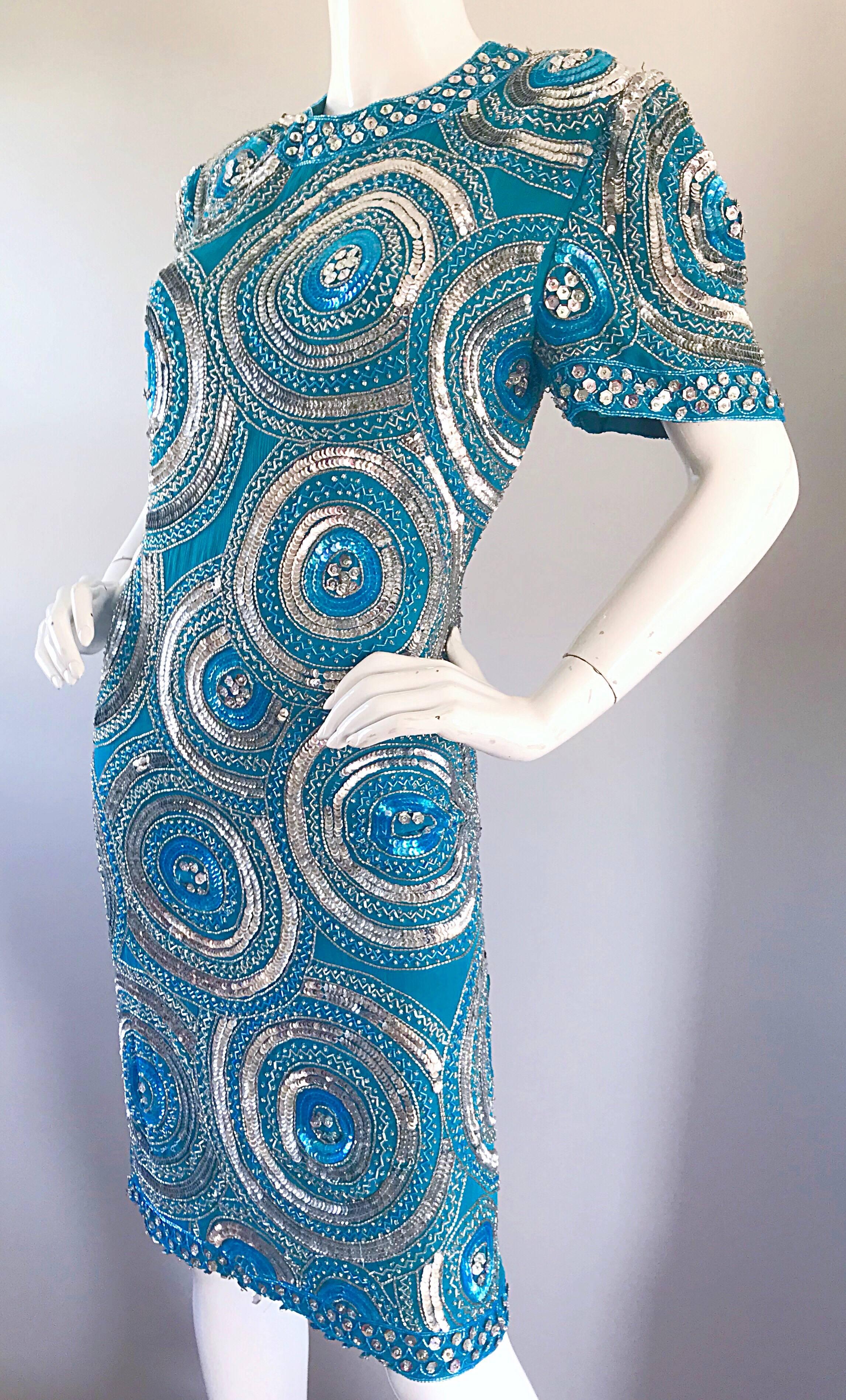 Size 10 / 12 Vintage 1990s Turquoise Blue + Silver Sequined Open Back 90s Dress 1