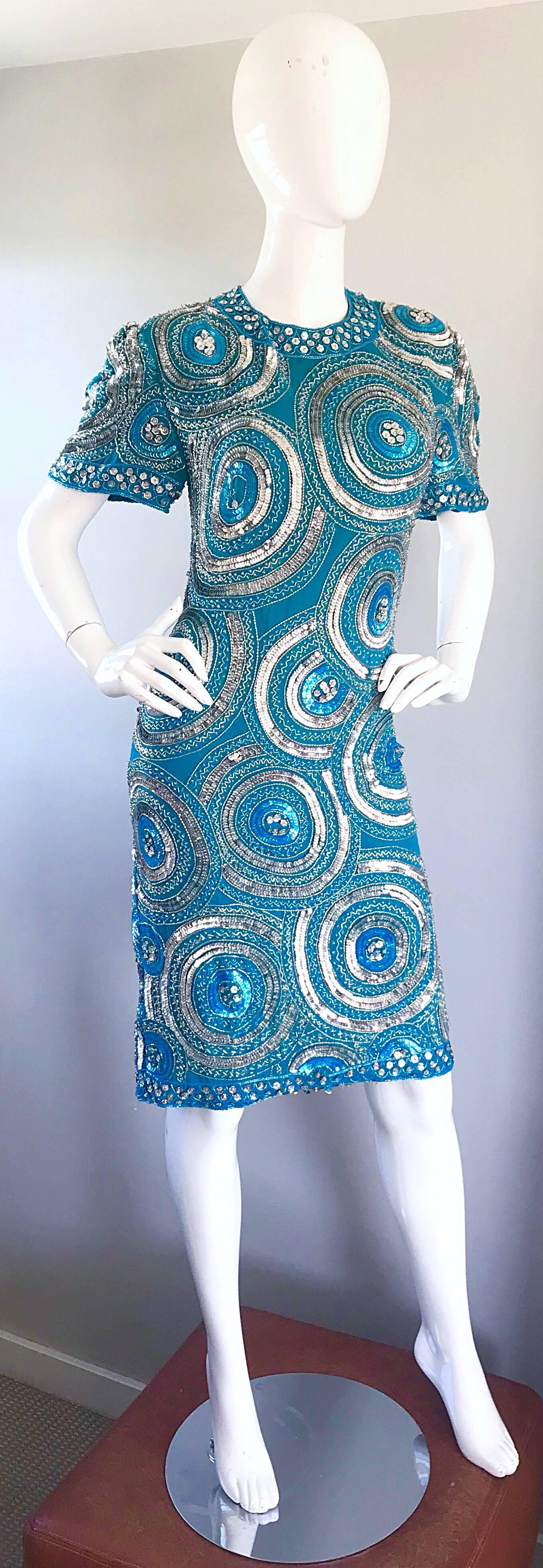 Size 10 / 12 Vintage 1990s Turquoise Blue + Silver Sequined Open Back 90s Dress 2