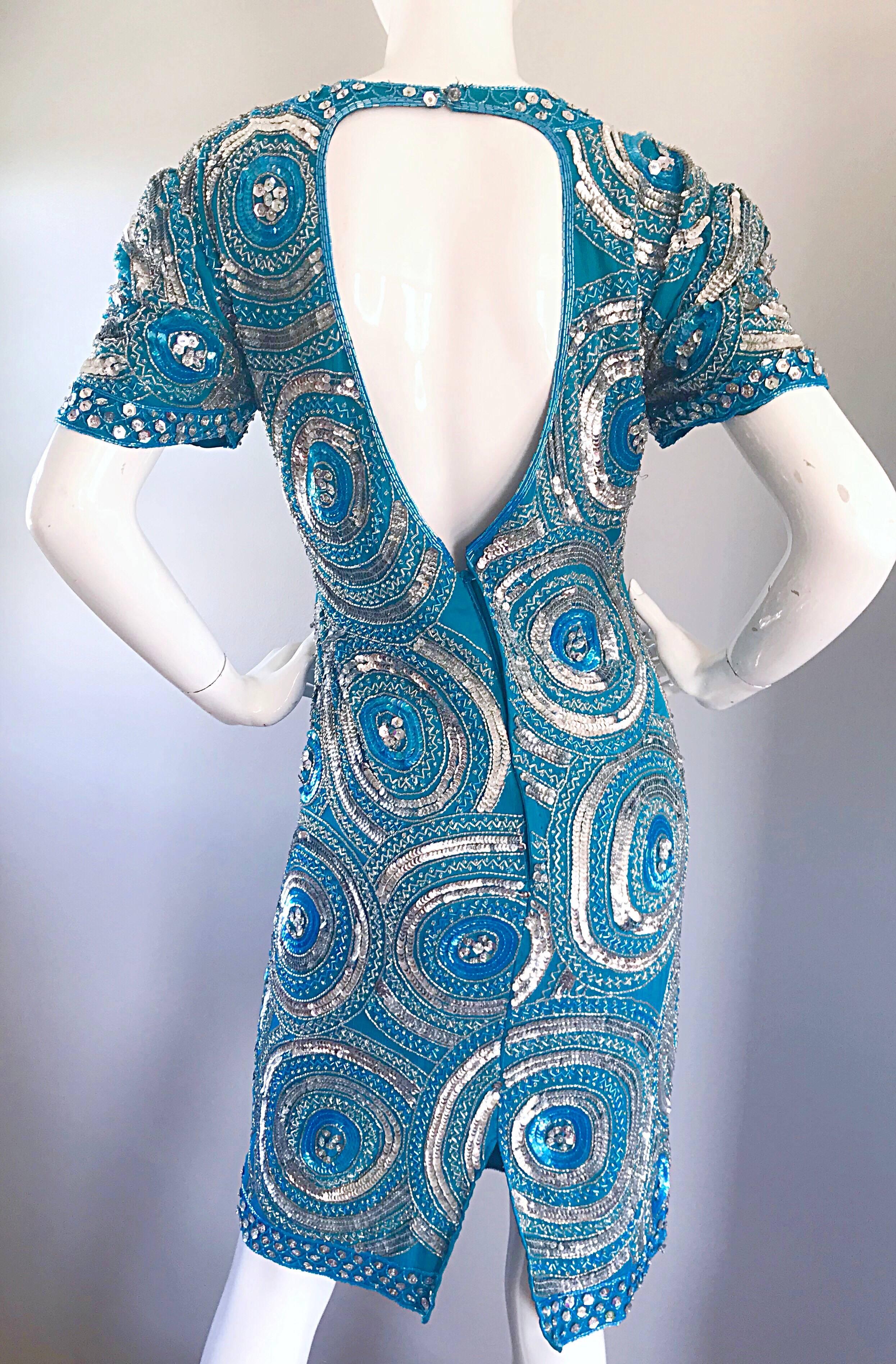 Size 10 / 12 Vintage 1990s Turquoise Blue + Silver Sequined Open Back 90s Dress 3