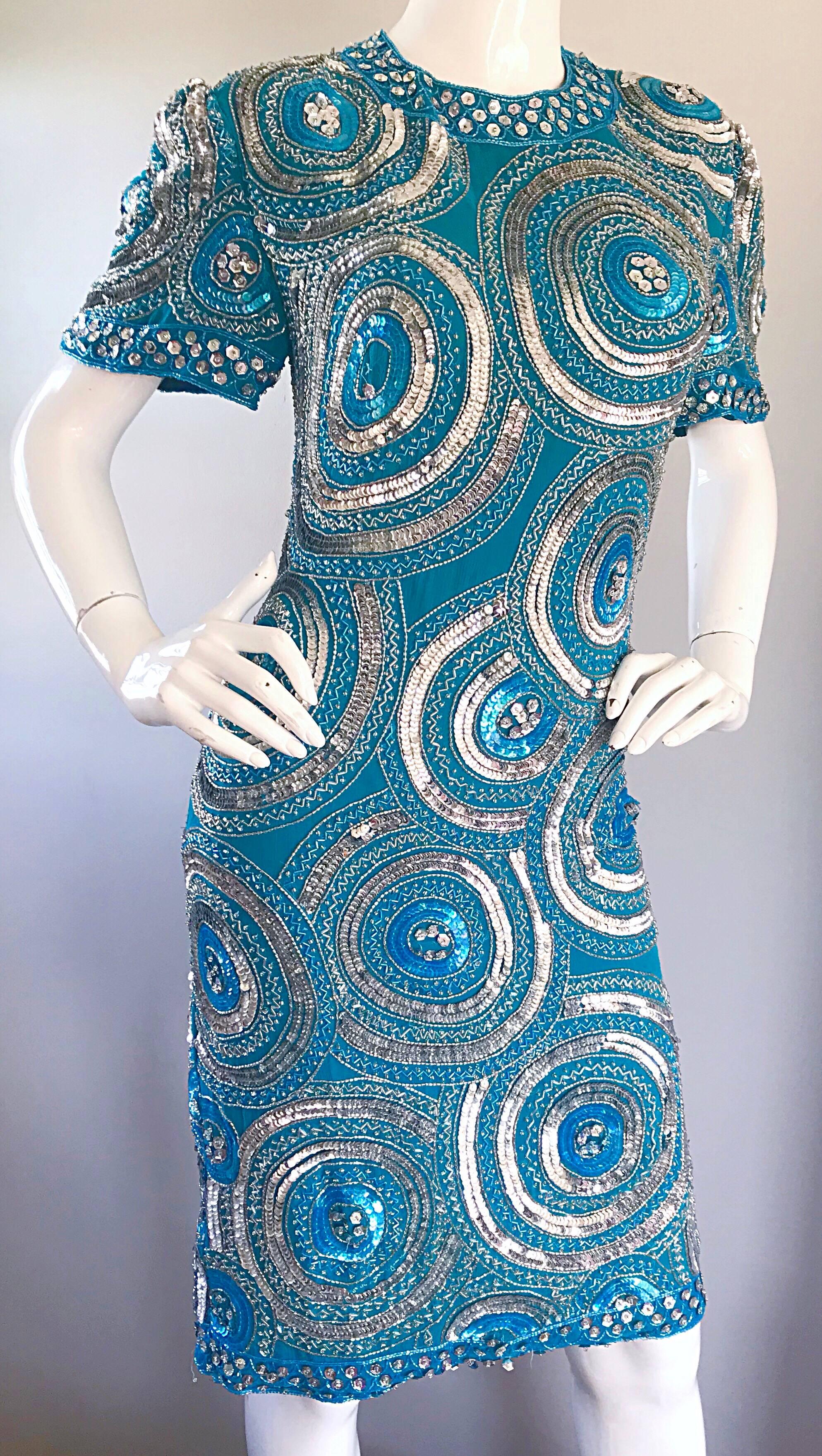 Size 10 / 12 Vintage 1990s Turquoise Blue + Silver Sequined Open Back 90s Dress 4