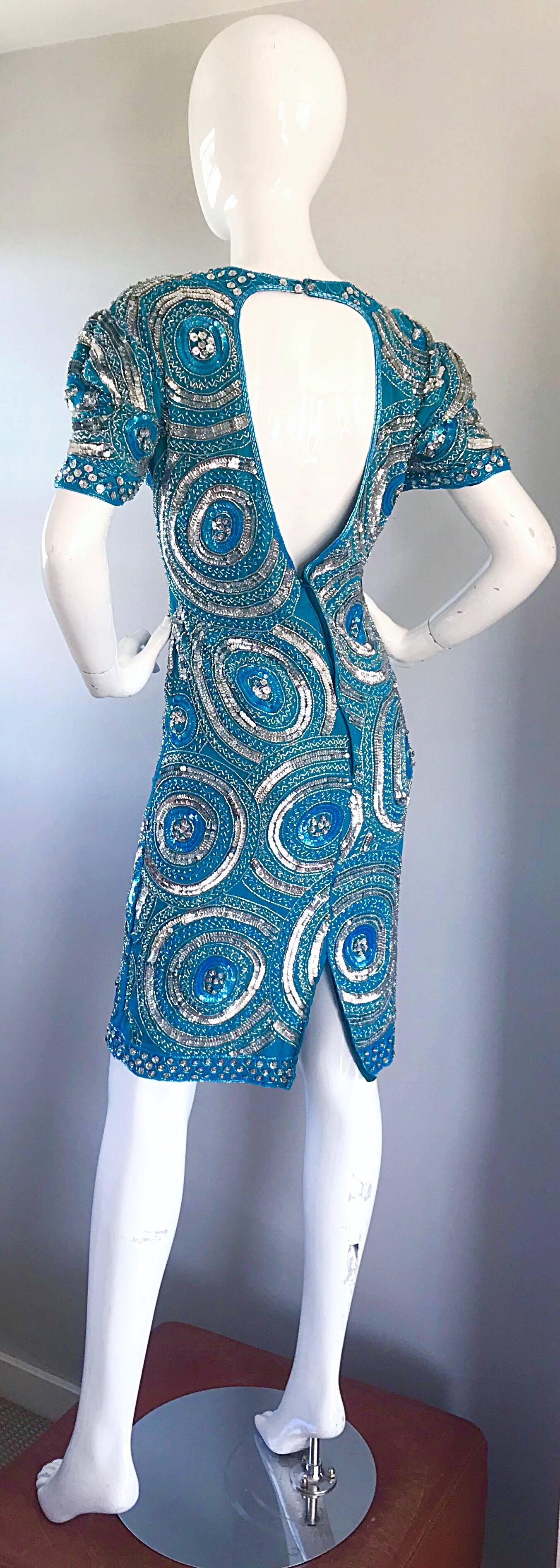 Size 10 / 12 Vintage 1990s Turquoise Blue + Silver Sequined Open Back 90s Dress 5