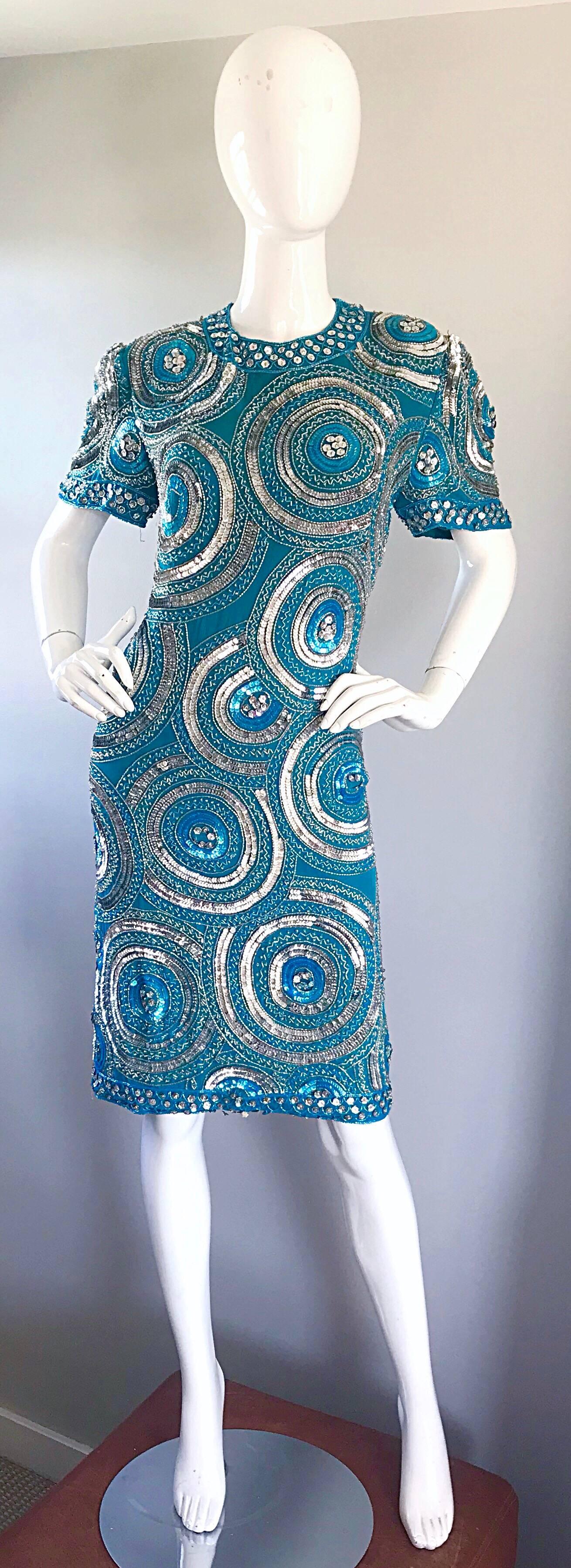 Size 10 / 12 Vintage 1990s Turquoise Blue + Silver Sequined Open Back 90s Dress 6