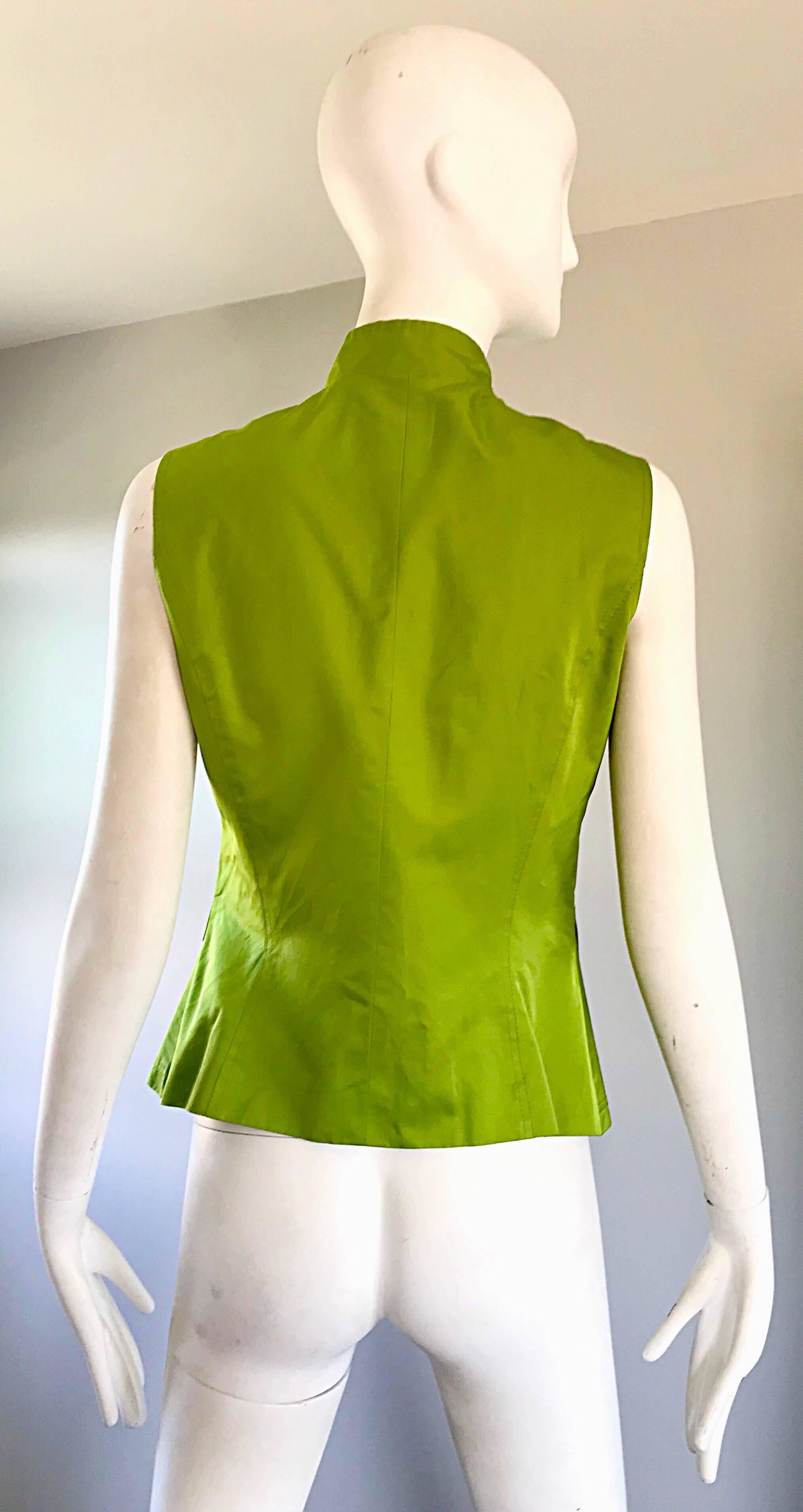 New 1990s Carolina Herrera Size 8 Lime Green Silk Cotton Vintage 90s Shirt Vest In New Condition For Sale In San Diego, CA