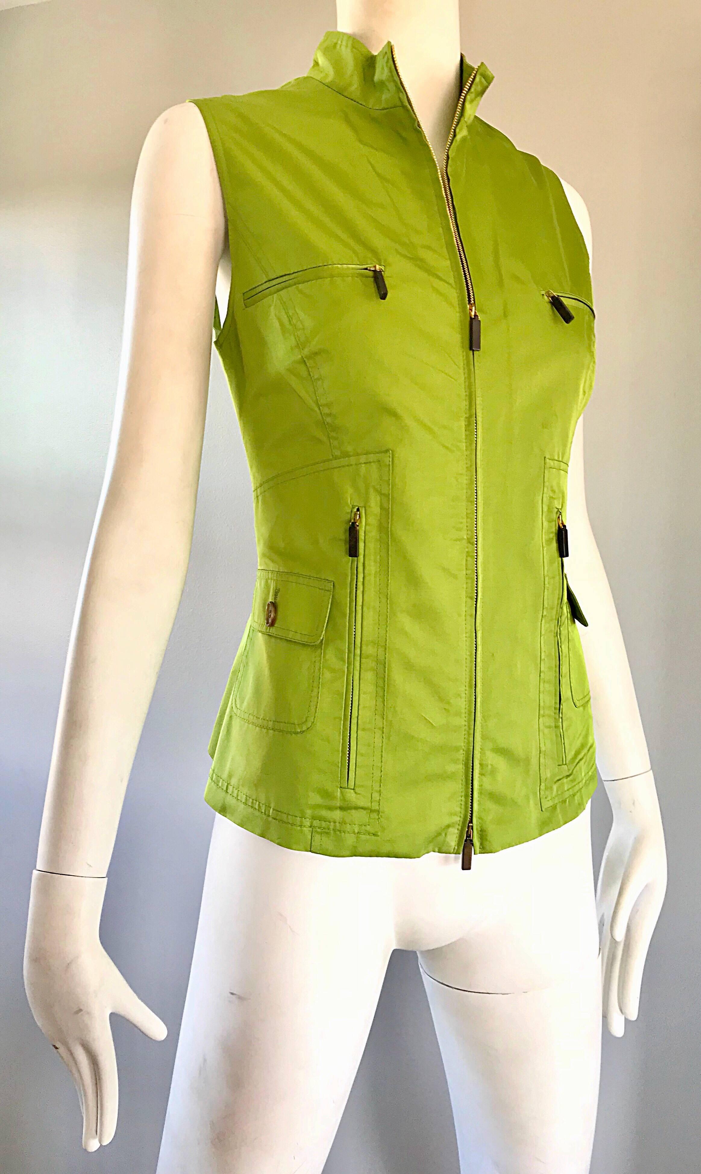 Women's New 1990s Carolina Herrera Size 8 Lime Green Silk Cotton Vintage 90s Shirt Vest  For Sale