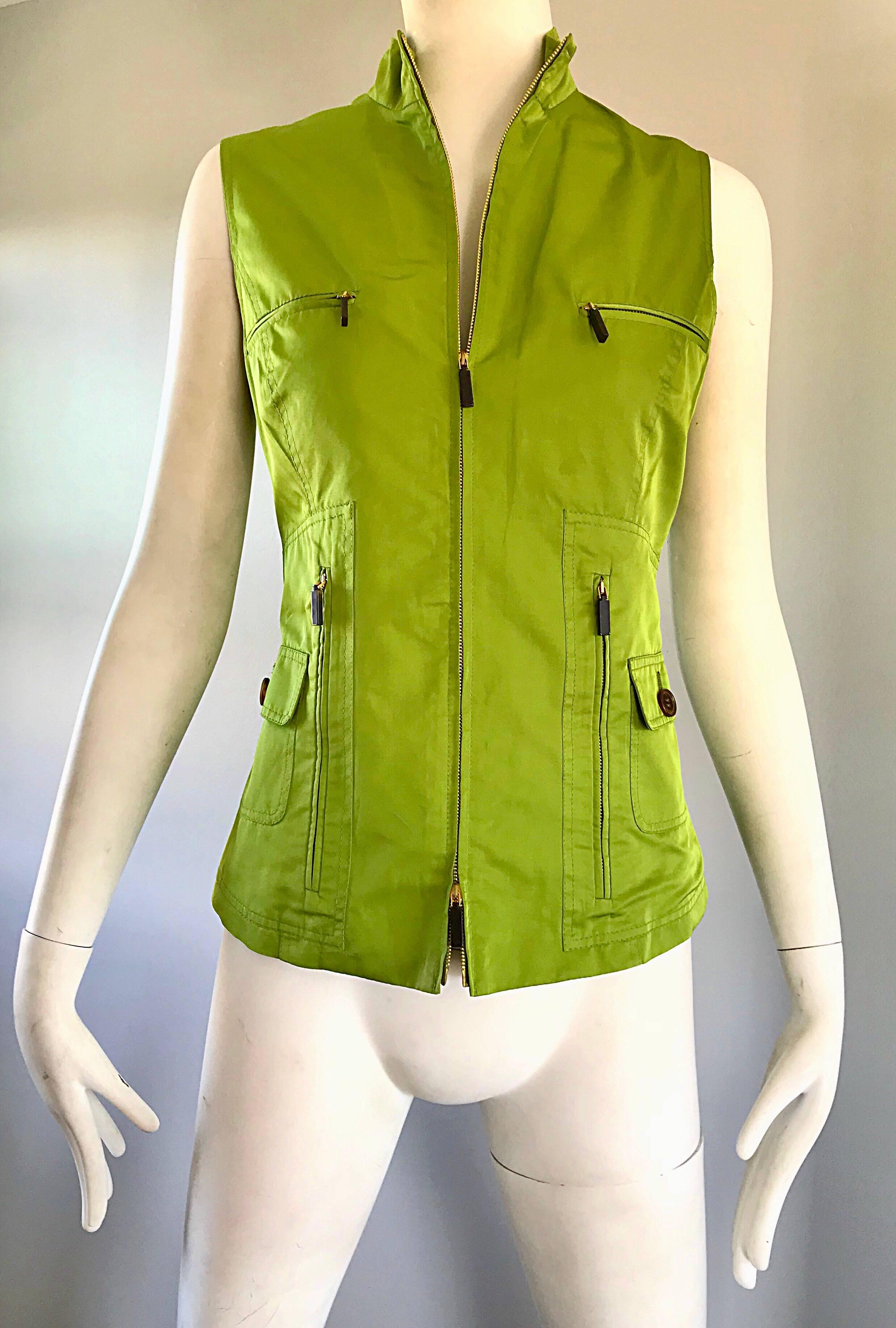 New 1990s Carolina Herrera Size 8 Lime Green Silk Cotton Vintage 90s Shirt Vest  For Sale 2