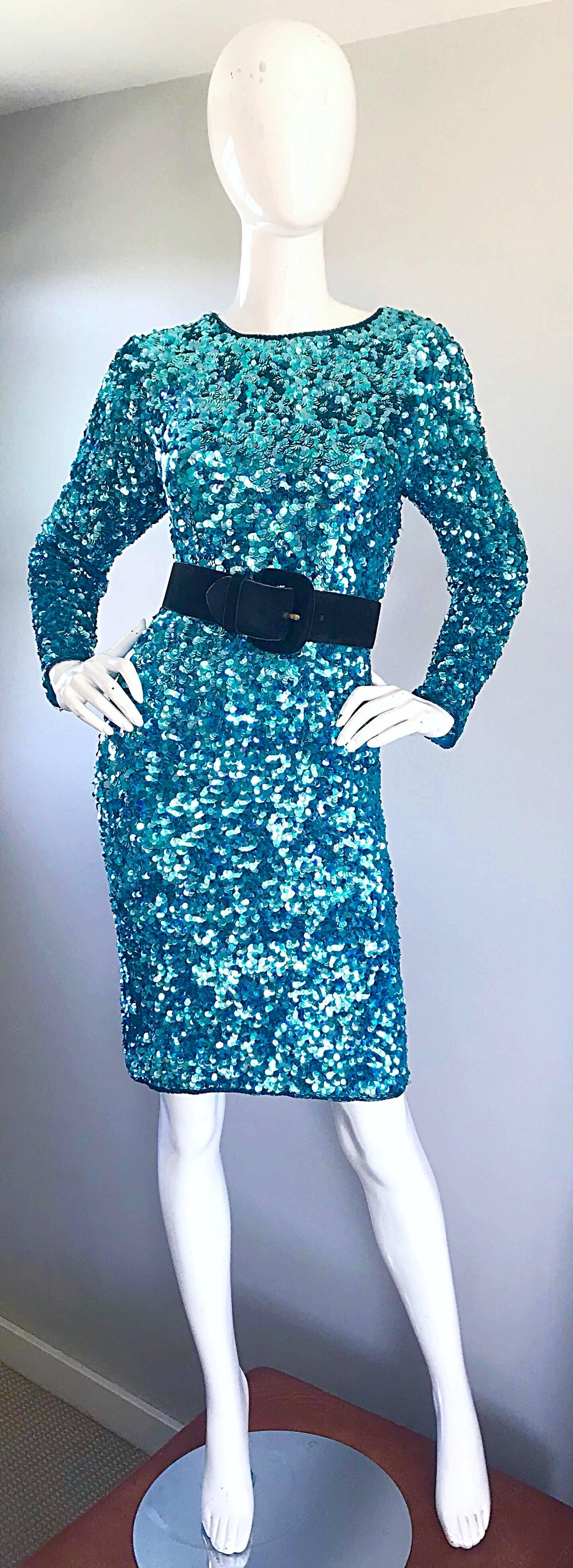 Women's Gorgeous Size 12 - 14 Vintage Turquoise Blue Long Sleeve 90s Fully Sequin Dress