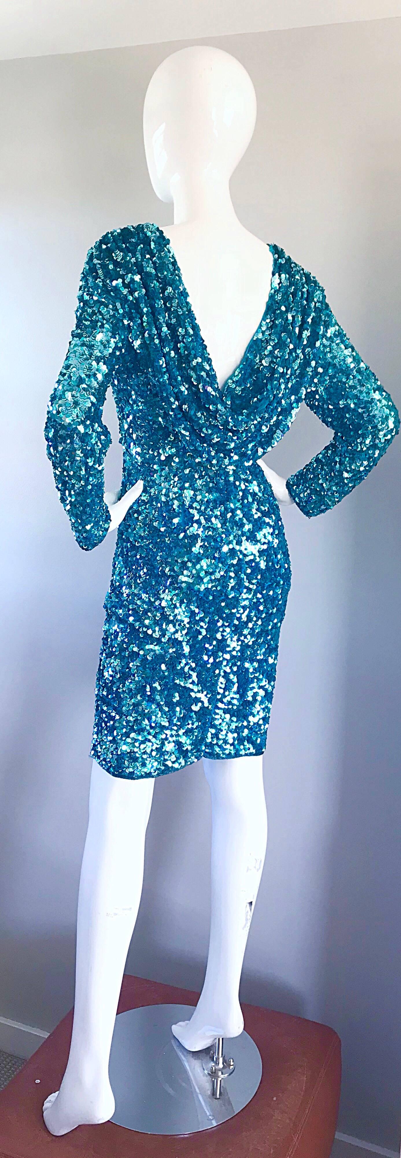 Gorgeous Size 12 - 14 Vintage Turquoise Blue Long Sleeve 90s Fully Sequin Dress 1