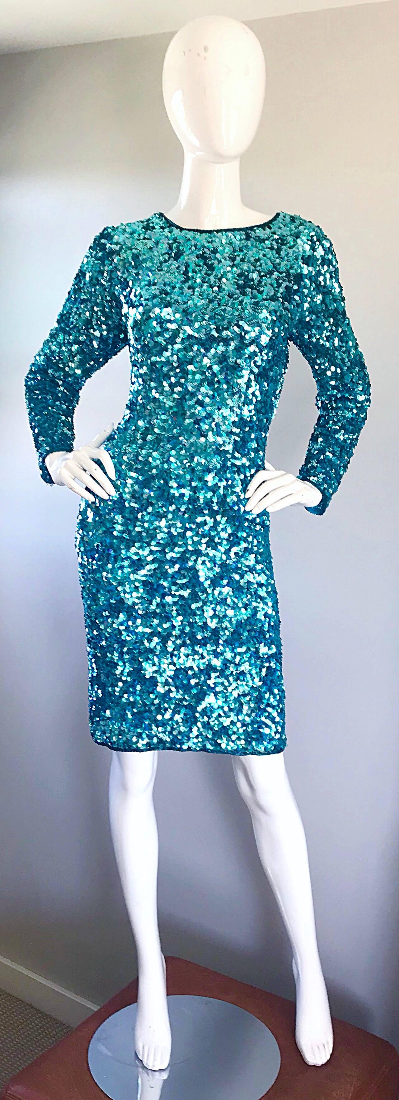 Gorgeous Size 12 - 14 Vintage Turquoise Blue Long Sleeve 90s Fully Sequin Dress 3