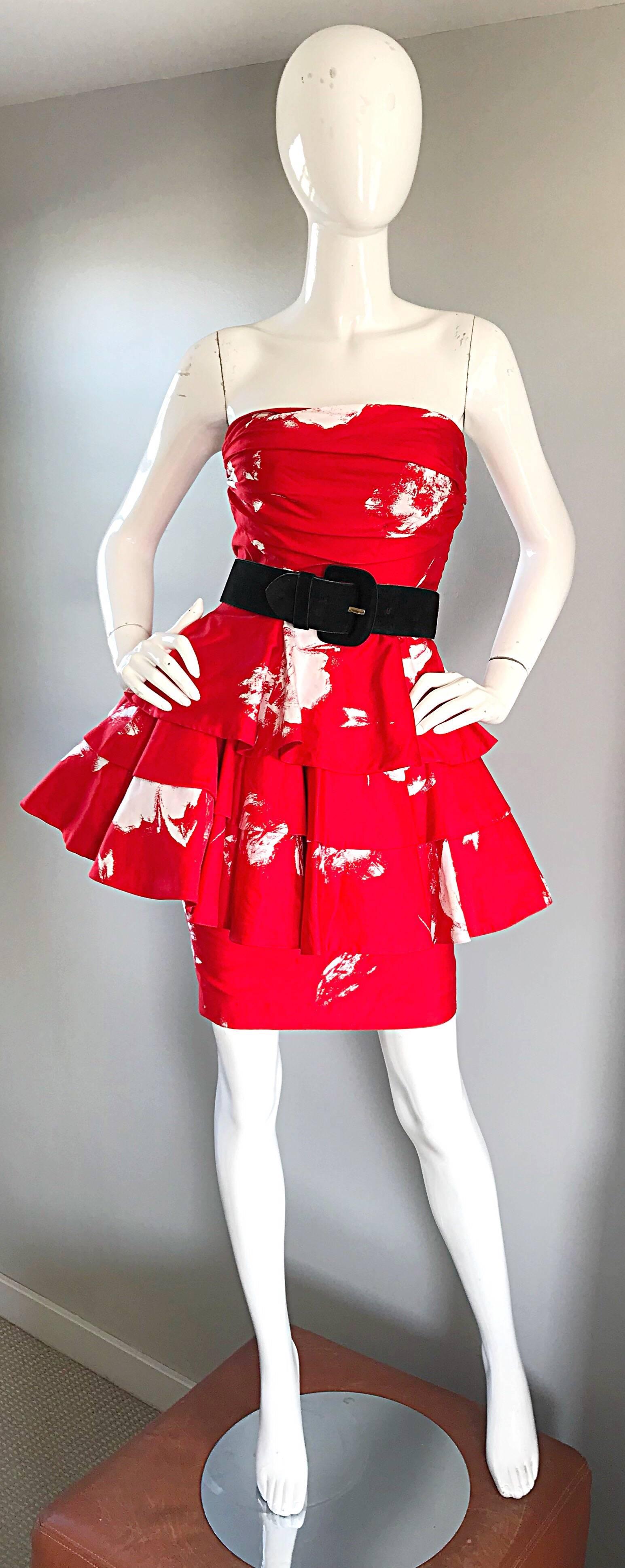 1990s Barboglio Cristina Jan Red + White Two Piece Vintage Top and Skirt Dress In Excellent Condition For Sale In San Diego, CA
