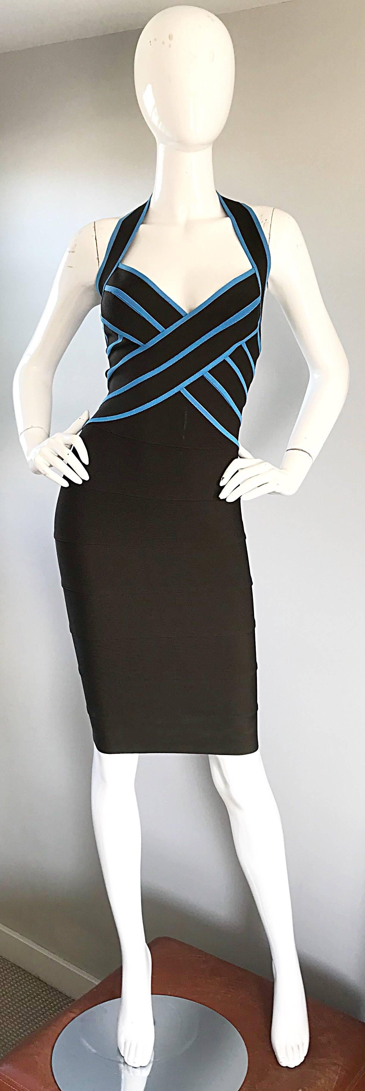 Rare and sexy 1990s HERVE LEGER COUTURE chocolate brown and blue bodcon halter bandage dress! Unlike Leger pieces today, this lovely gem was made in France, and was mostly sewn by hand. These signature bandage dresses do wonders for the body! The