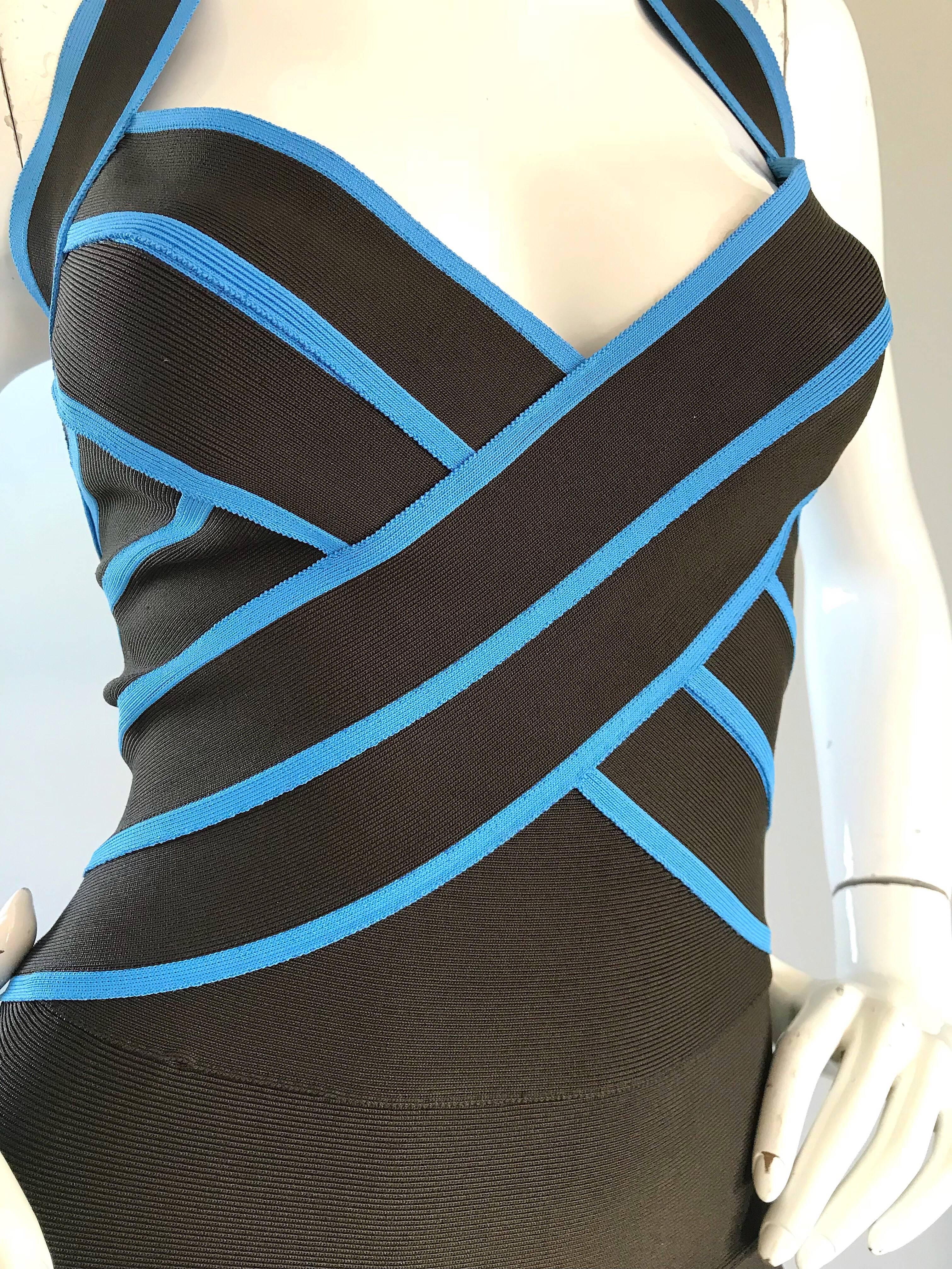 Robe dos nu moulante marron et bleue Herve Leger Couture vintage des années 1990 Excellent état - En vente à San Diego, CA