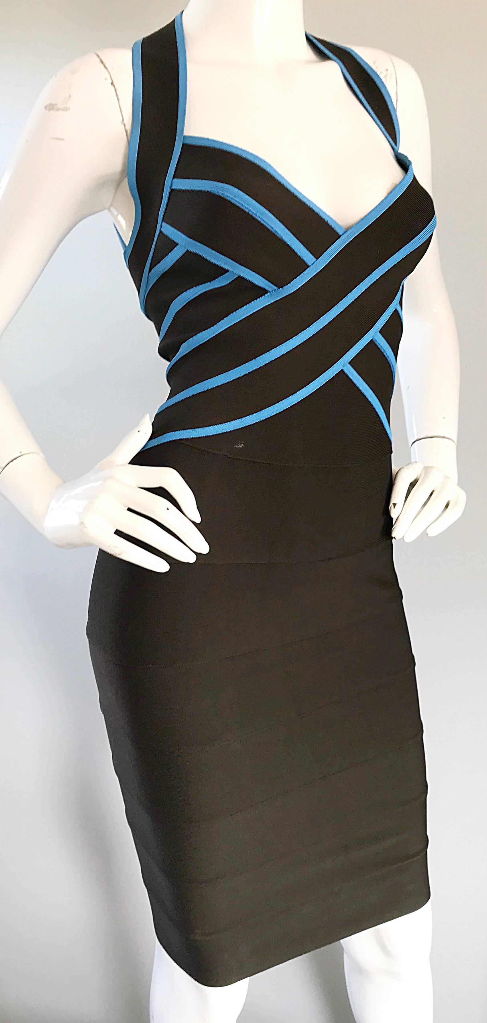 Robe dos nu moulante marron et bleue Herve Leger Couture vintage des années 1990 Pour femmes en vente
