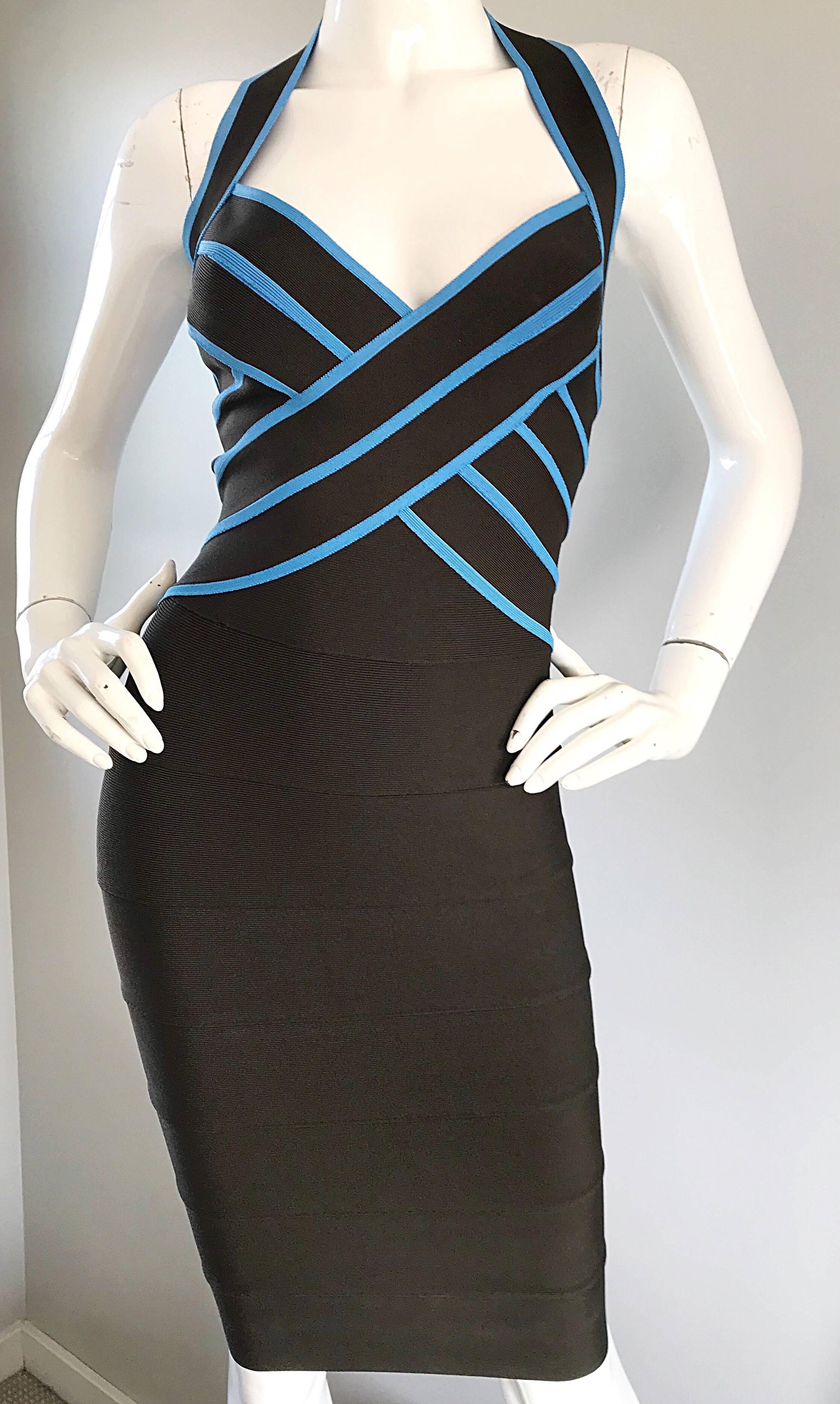 Black 1990s Herve Leger Couture Brown + Blue Vintage 90s Bodycon Bandage Halter Dress For Sale