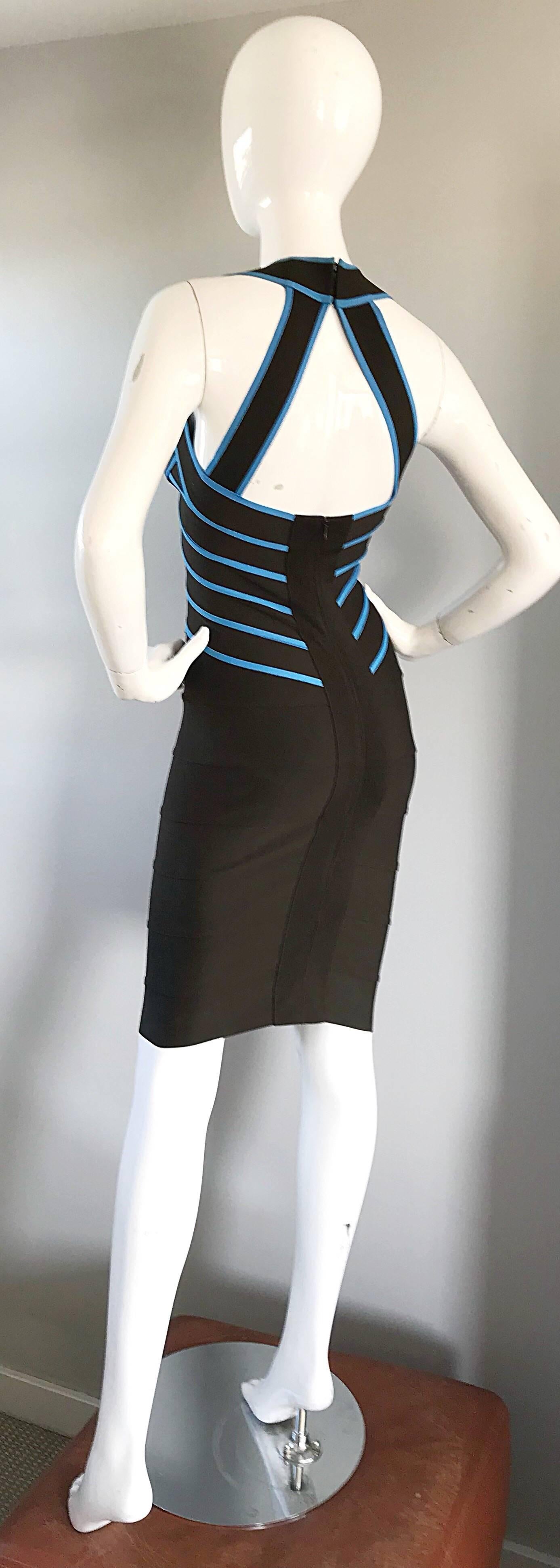 1990s Herve Leger Couture Brown + Blue Vintage 90s Bodycon Bandage Halter Dress In Excellent Condition For Sale In San Diego, CA