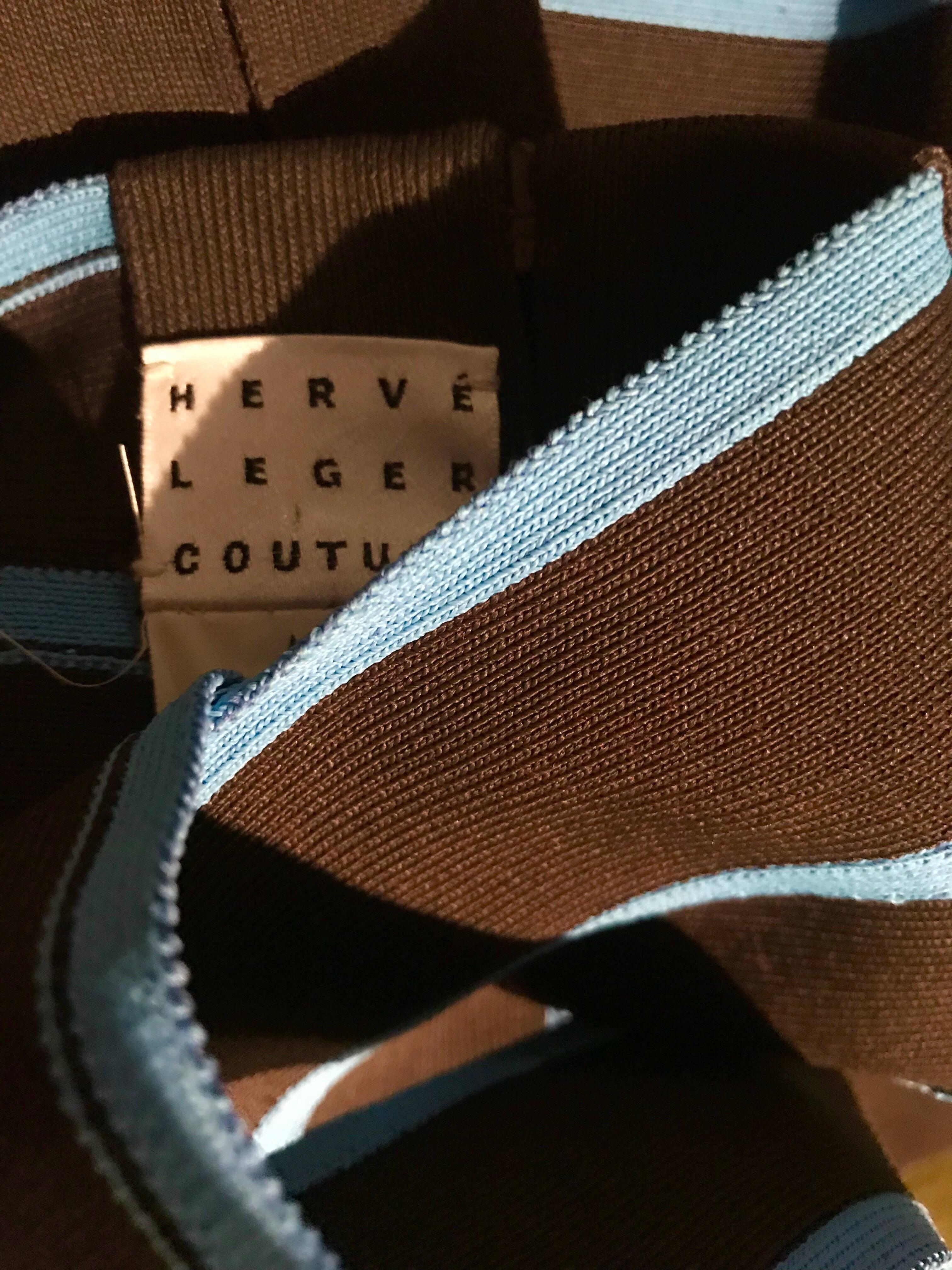1990s Herve Leger Couture Brown + Blue Vintage 90s Bodycon Bandage Halter Dress 1
