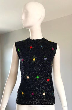 1950s Black Fully Sequined Angora Wool 50s Vintage Sleeveless  Sweater Top