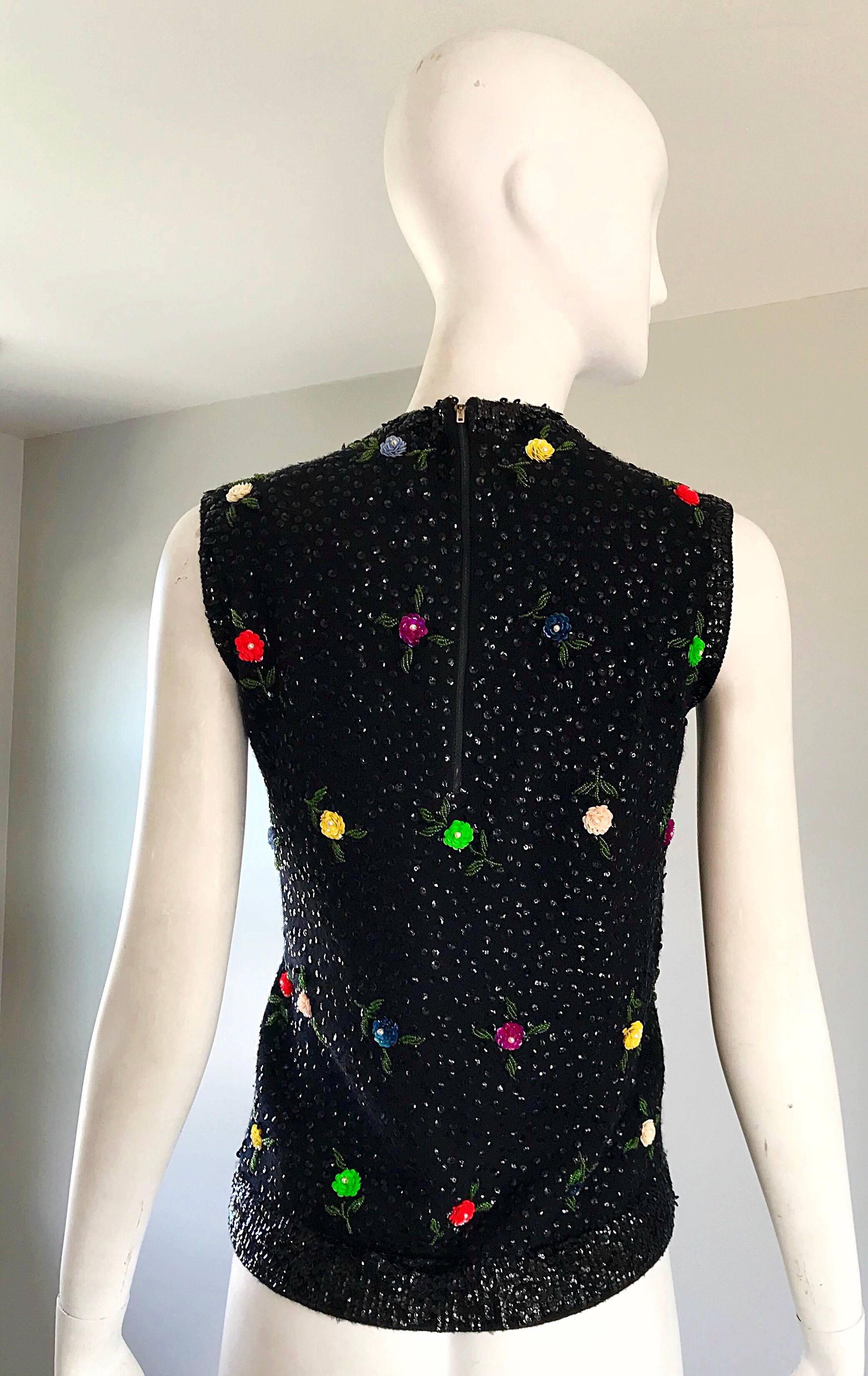 1950s Black Fully Sequined Angora Wool 50s Vintage Sleeveless  Sweater Top For Sale 1