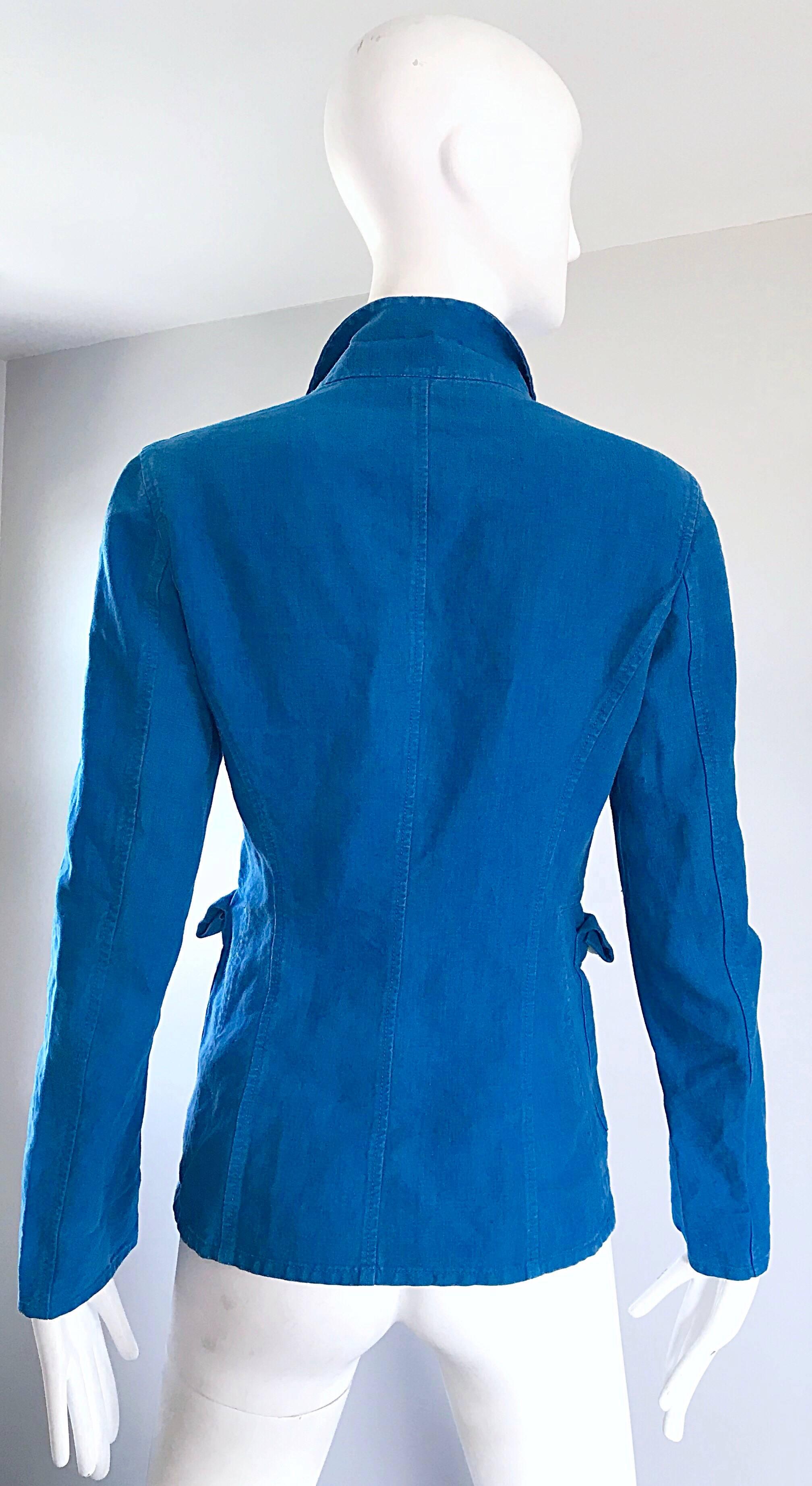 Women's 1990s Jil Sander Turquoise Blue Cotton + Linen Vintage 90s Tailored Jacket 