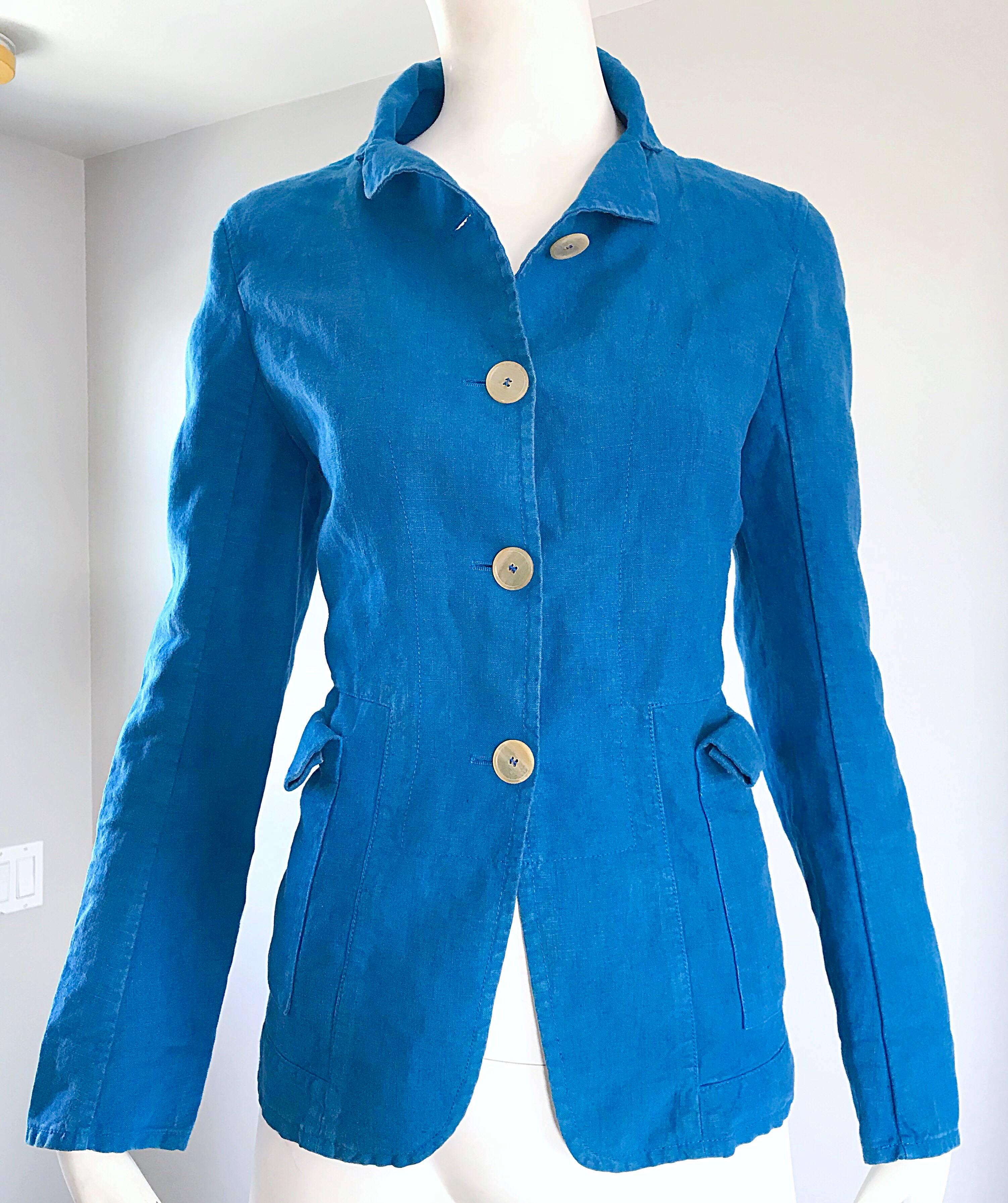 1990s Jil Sander Turquoise Blue Cotton + Linen Vintage 90s Tailored Jacket  1