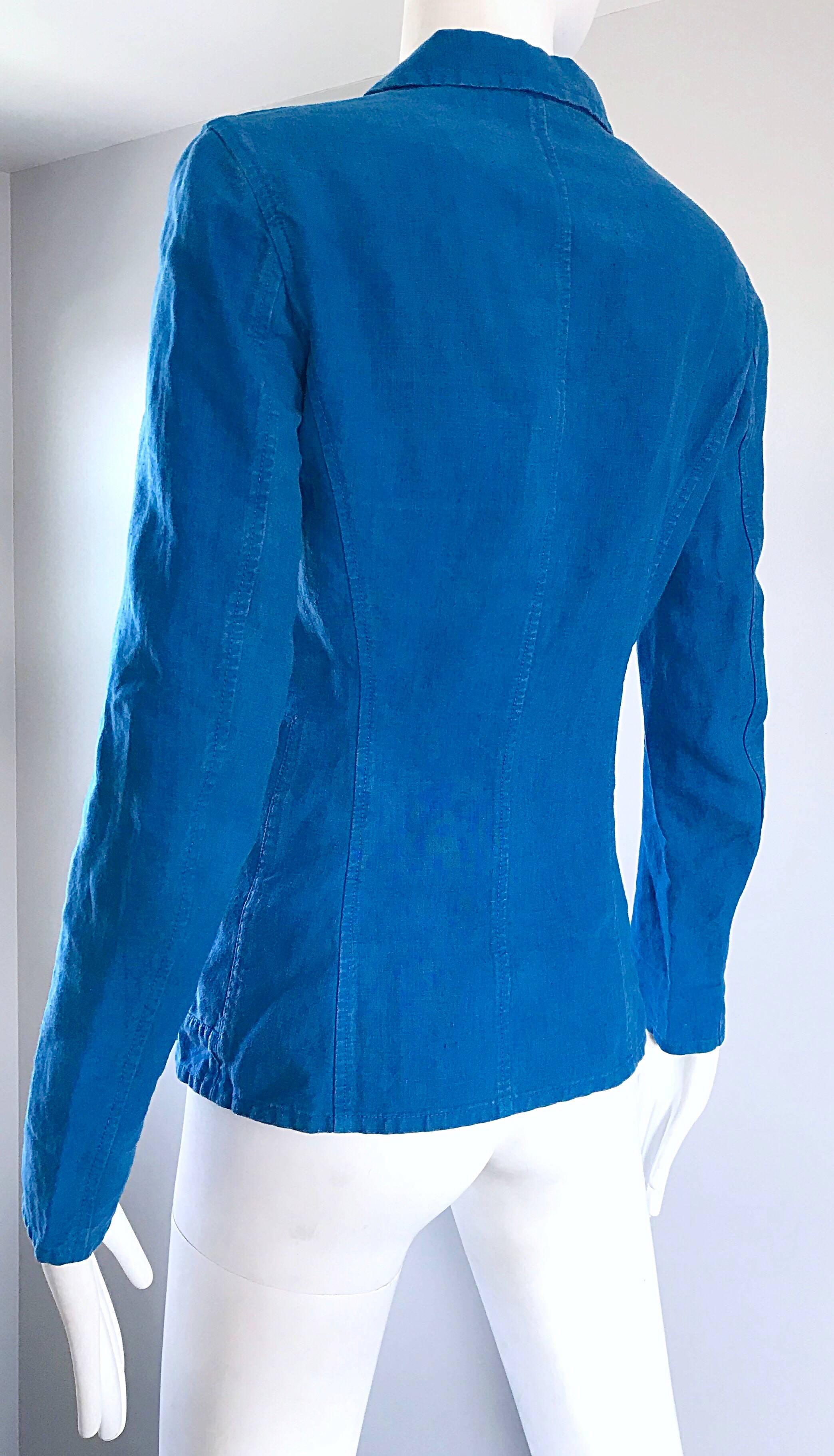 1990s Jil Sander Turquoise Blue Cotton + Linen Vintage 90s Tailored Jacket  2
