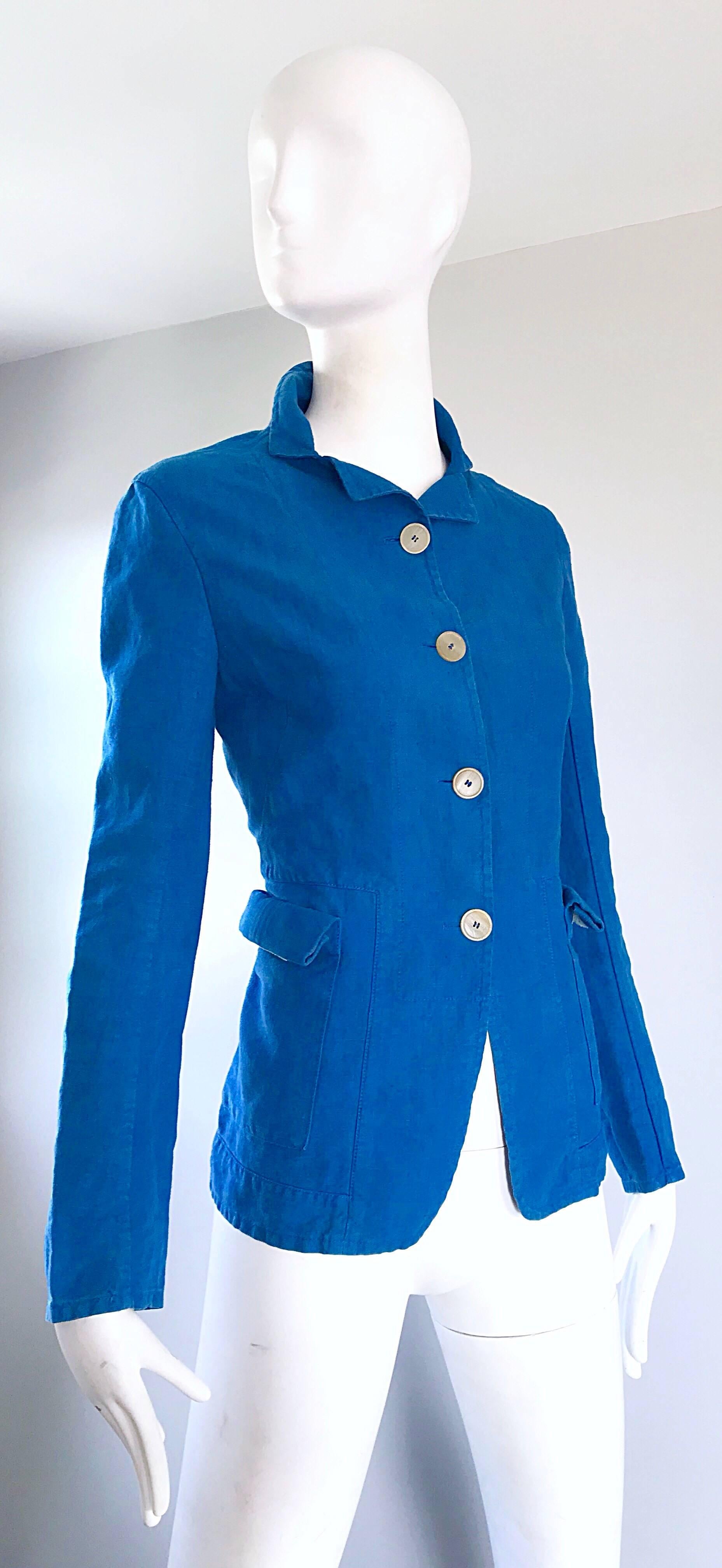 1990s Jil Sander Turquoise Blue Cotton + Linen Vintage 90s Tailored Jacket  4