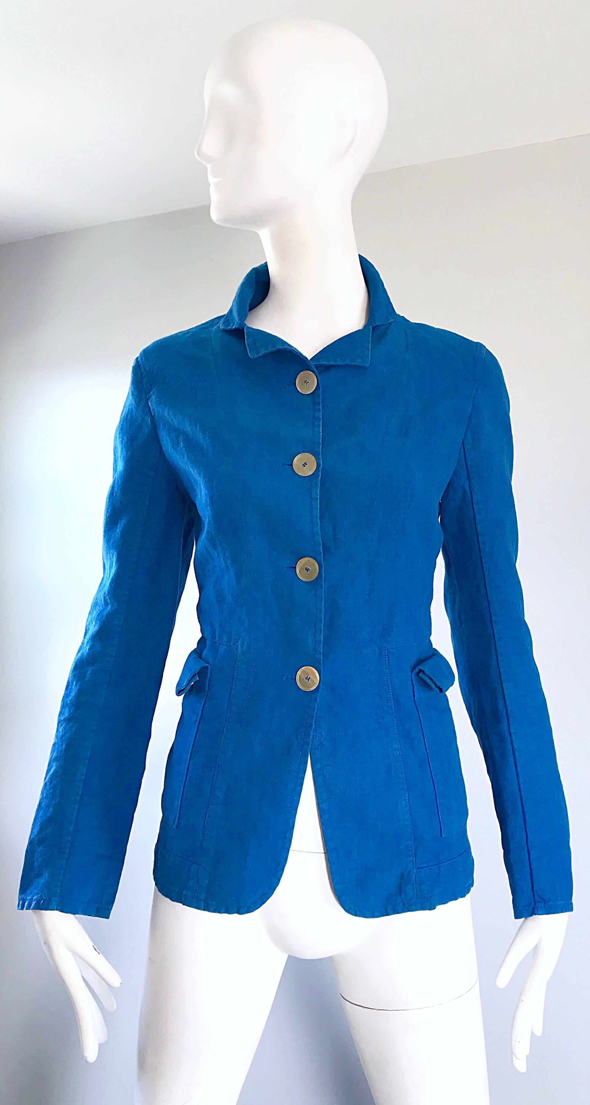 1990s Jil Sander Turquoise Blue Cotton + Linen Vintage 90s Tailored Jacket  5