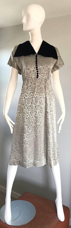Large Size 1940s Silver Grey and Black Silk + Velvet Flower 40s Vintage Dress