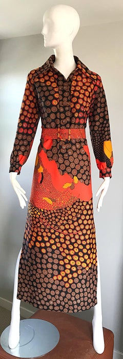 1970s Roos Atkins Autumnal Abstract Print Belted Knit Vintage 70s Maxi Dress