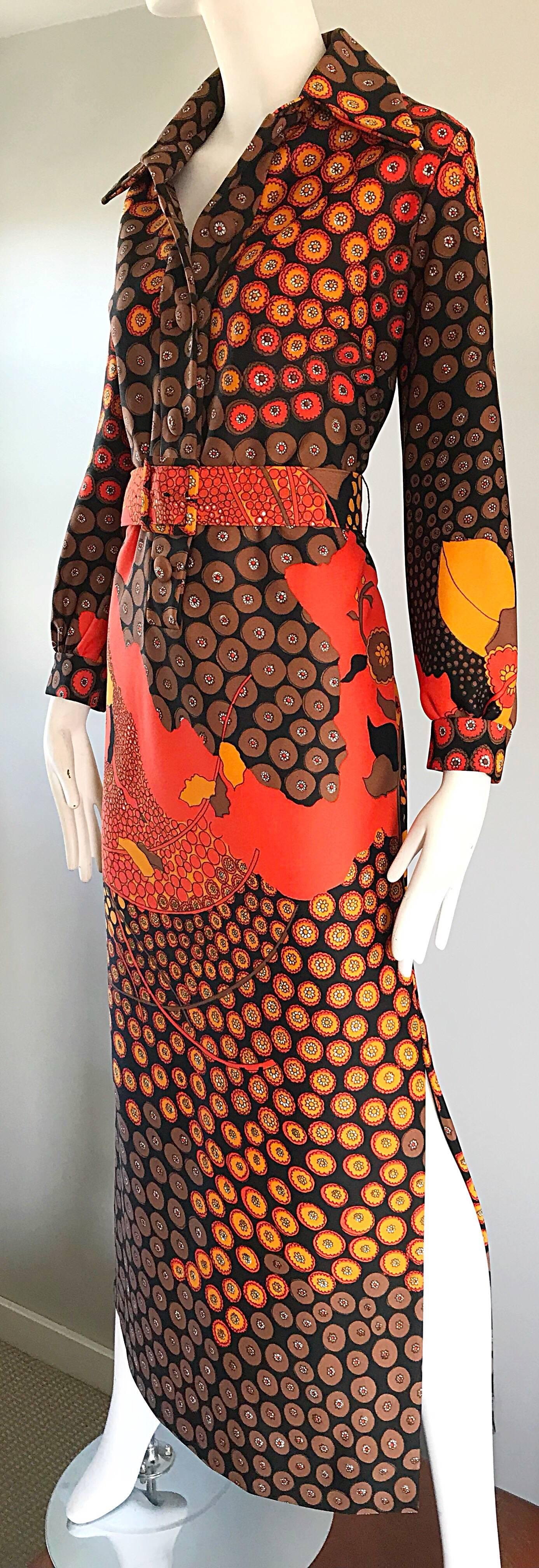 Brown 1970s Roos Atkins Autumnal Abstract Print Belted Knit Vintage 70s Maxi Dress