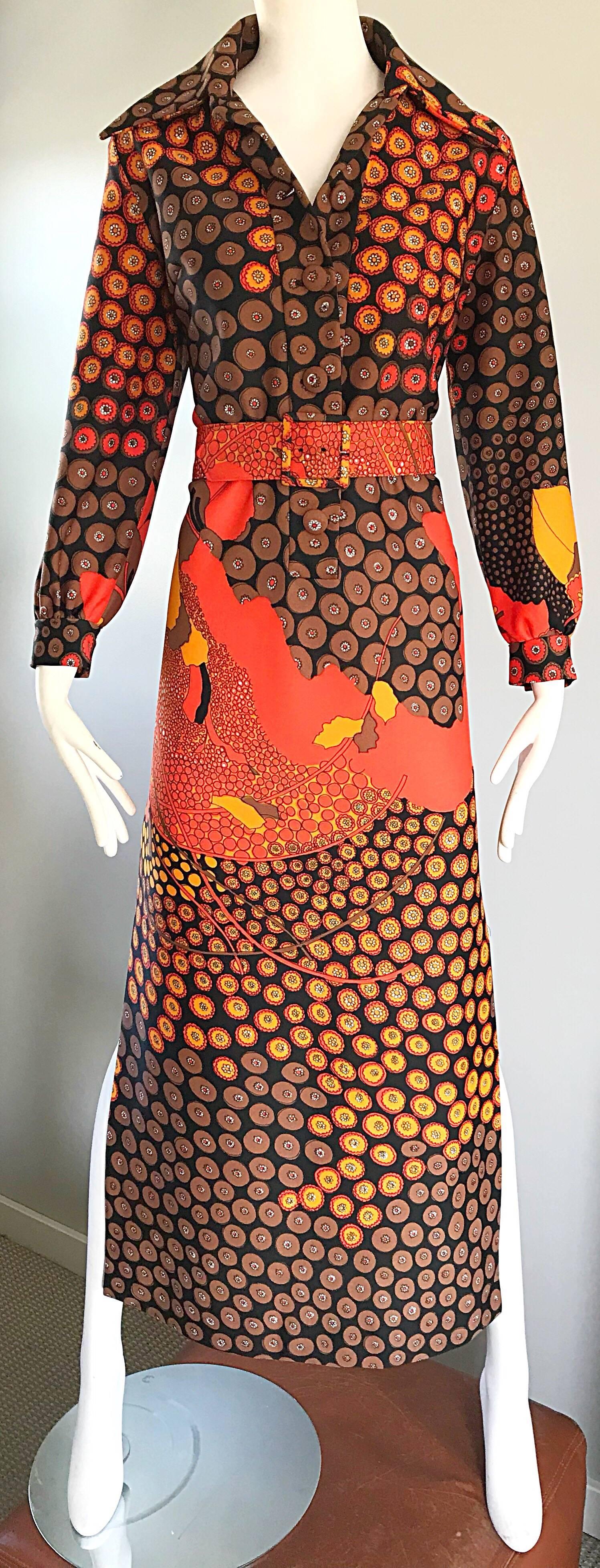 Women's 1970s Roos Atkins Autumnal Abstract Print Belted Knit Vintage 70s Maxi Dress