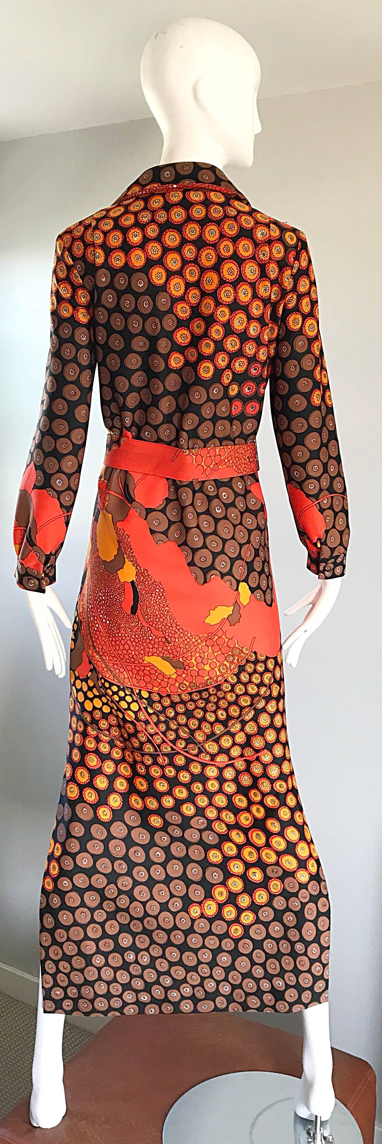 1970s Roos Atkins Autumnal Abstract Print Belted Knit Vintage 70s Maxi Dress 1