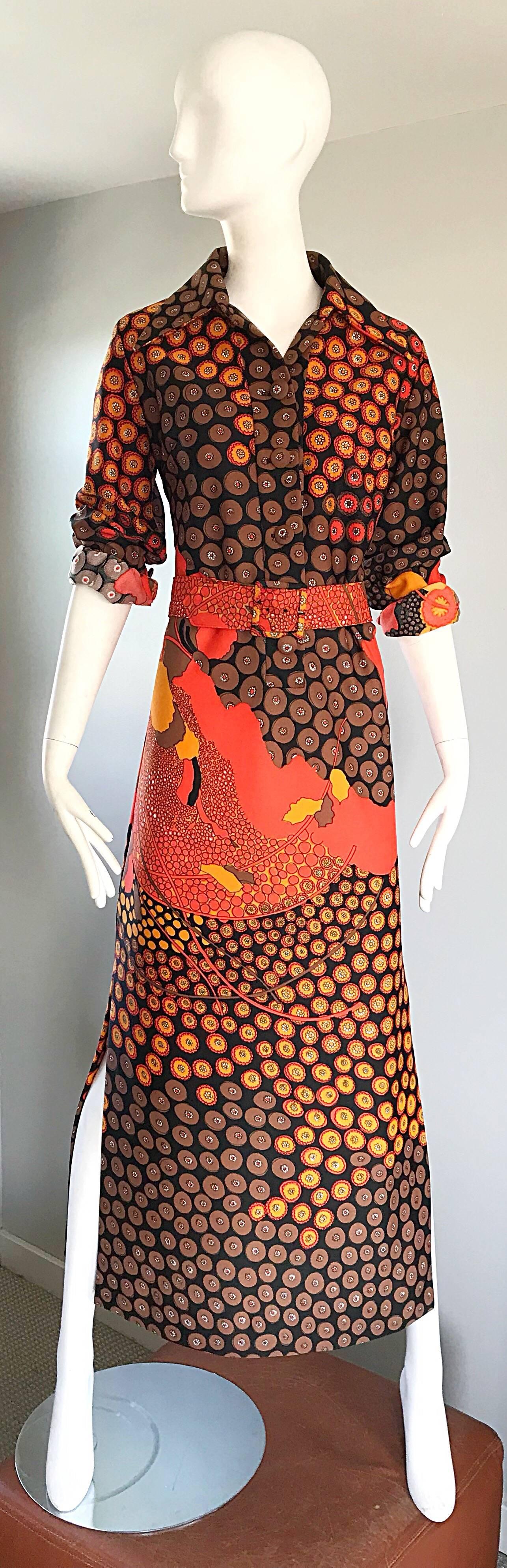 1970s Roos Atkins Autumnal Abstract Print Belted Knit Vintage 70s Maxi Dress 2