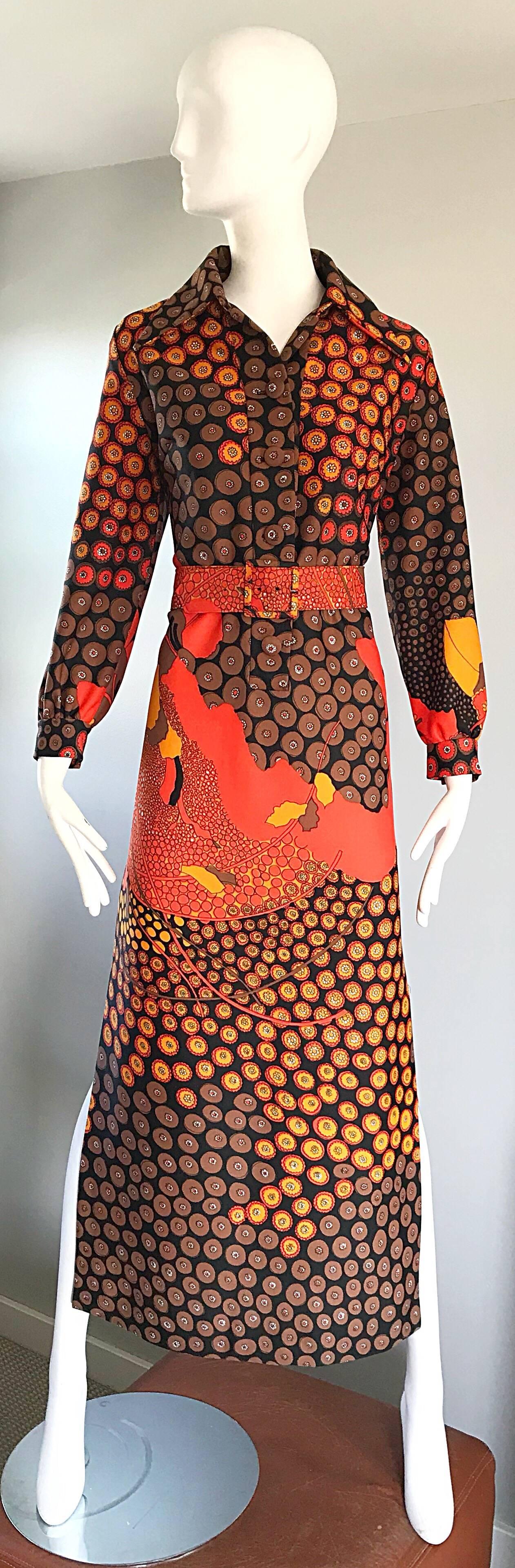 1970s Roos Atkins Autumnal Abstract Print Belted Knit Vintage 70s Maxi Dress 3