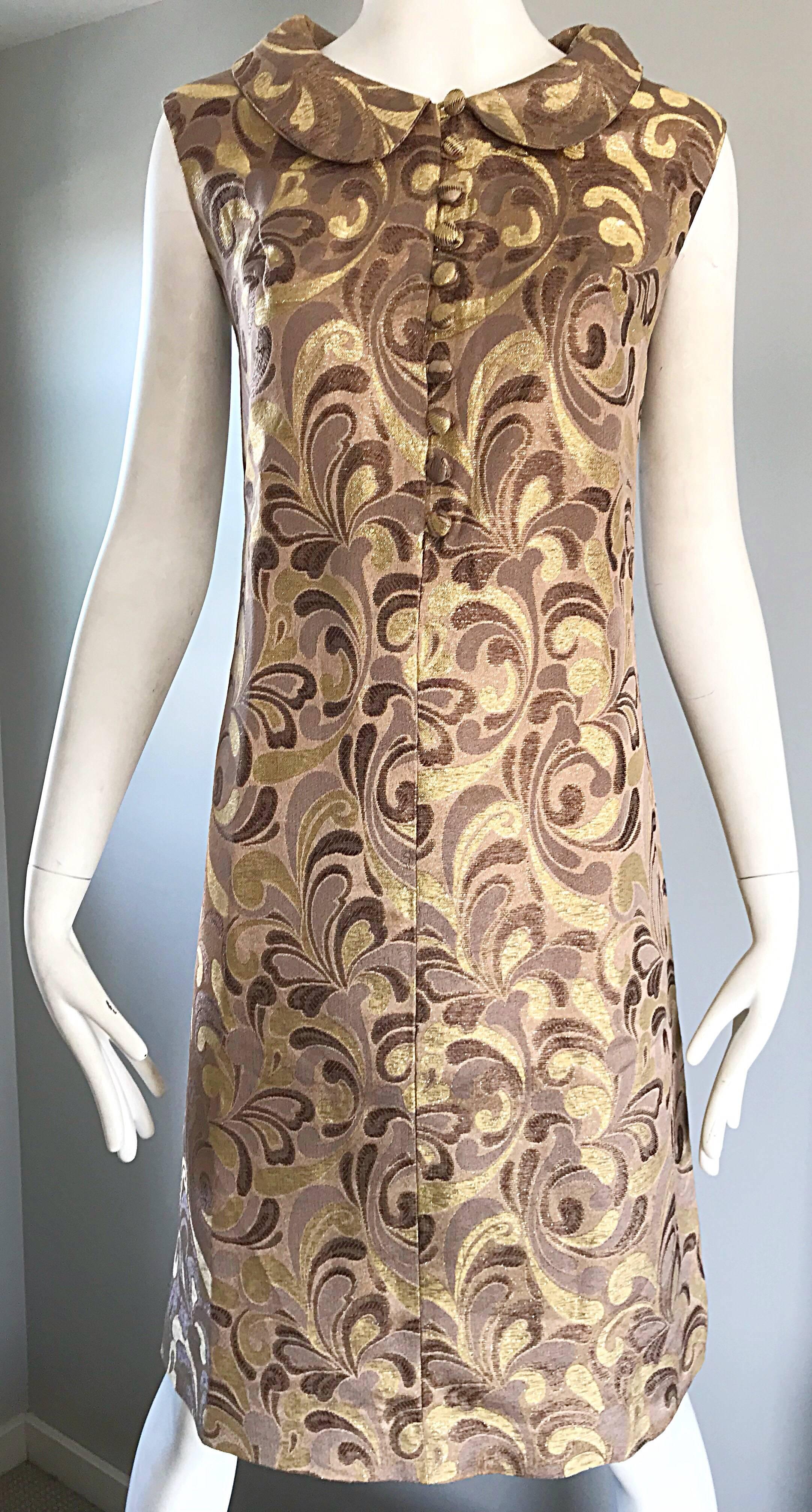 1960s Gold + Taupe + Brown Silk Brocade Regal Vintage 60s Mod Shift A Line Dress For Sale 1