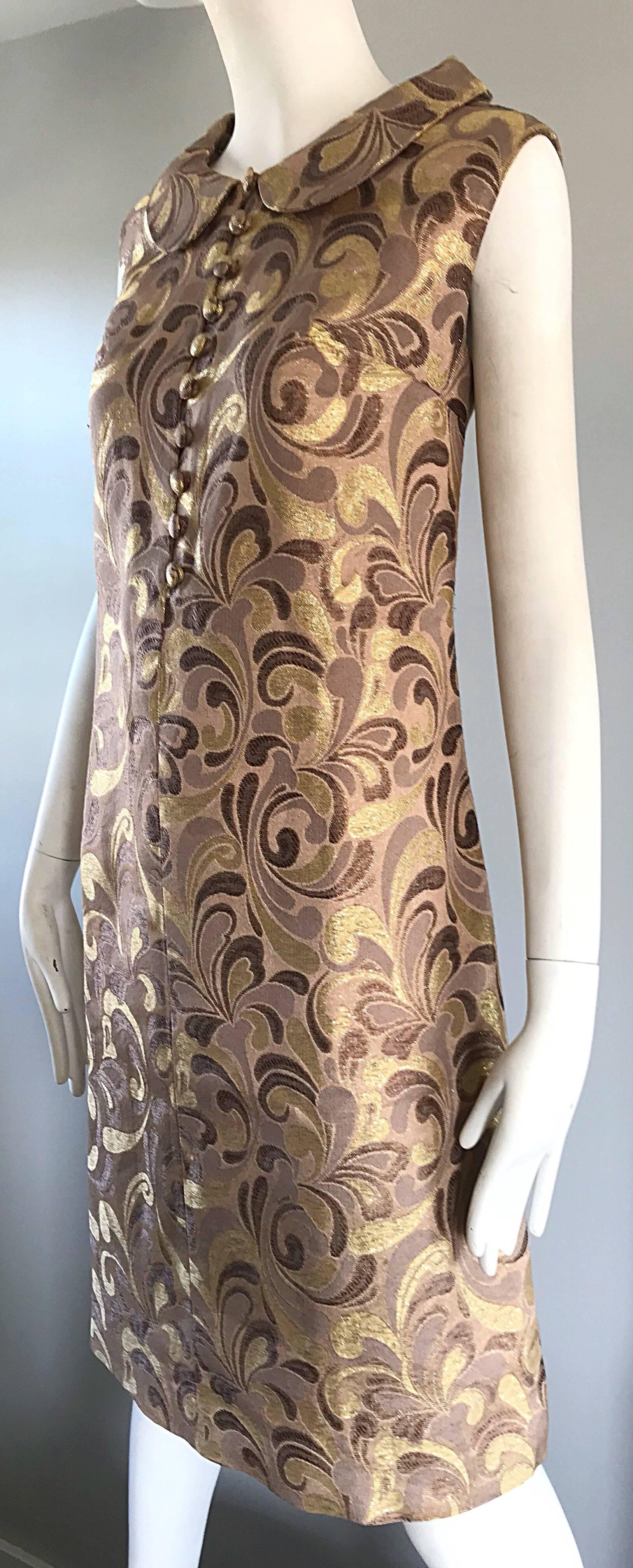 1960s Gold + Taupe + Brown Silk Brocade Regal Vintage 60s Mod Shift A Line Dress For Sale 3
