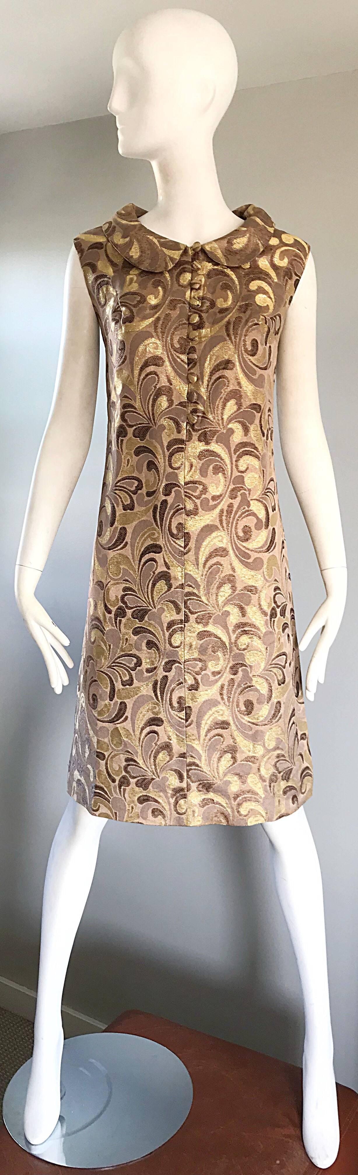 1960s Gold + Taupe + Brown Silk Brocade Regal Vintage 60s Mod Shift A Line Dress For Sale 4